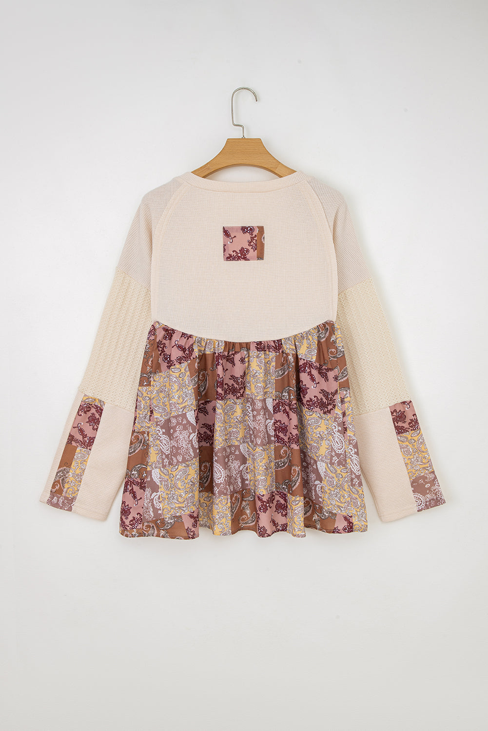 Paisley Print Contrast Patchwork Long Sleeve Loose Top - Tops/Tops & Tees