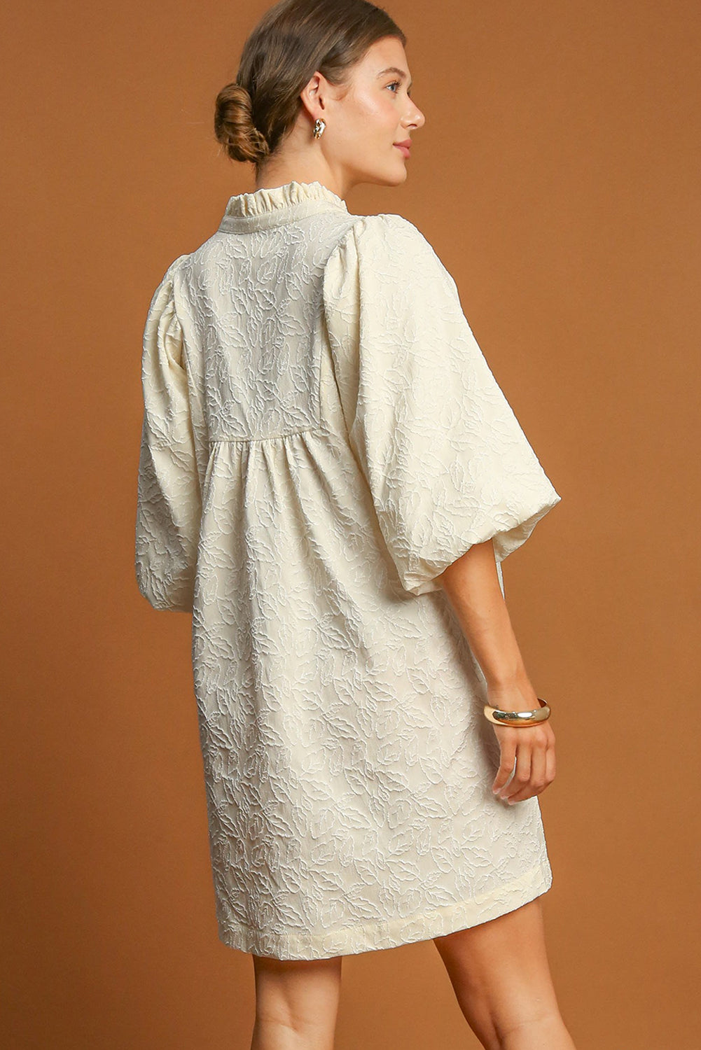 White Floral Textured Bubble Sleeve Frilled Notched Neck Dress eAura