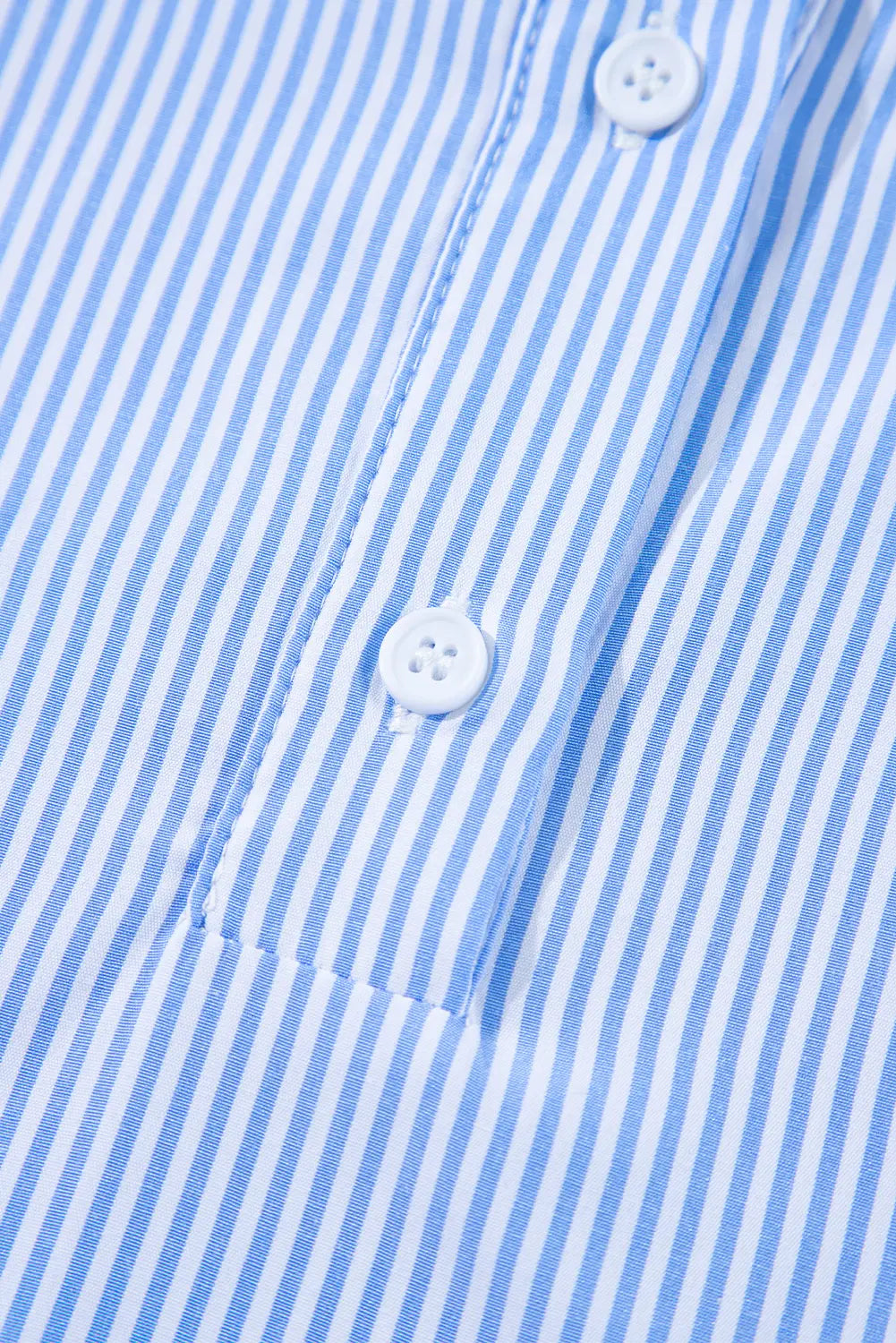 Pinstripe Long Sleeve Smocked Cuffs Button Shirt Collar Blouse – Sky Blue Stripe