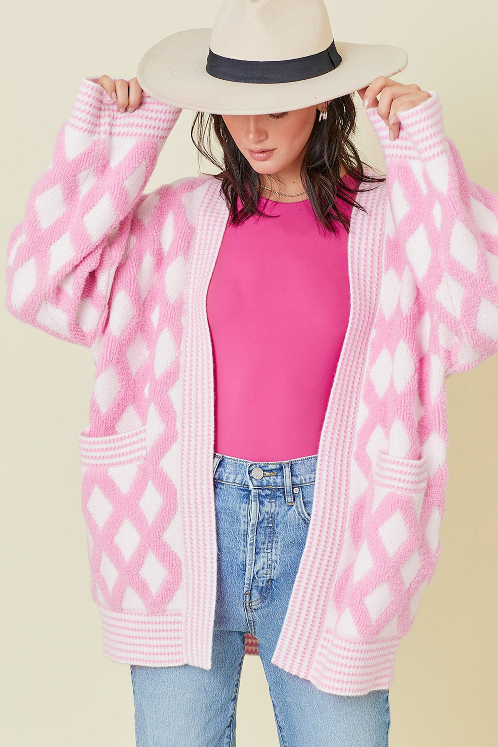 Pink Rhombus Pattern Knit Open Front Pocketed Cardigans BB Fashion Outlet
