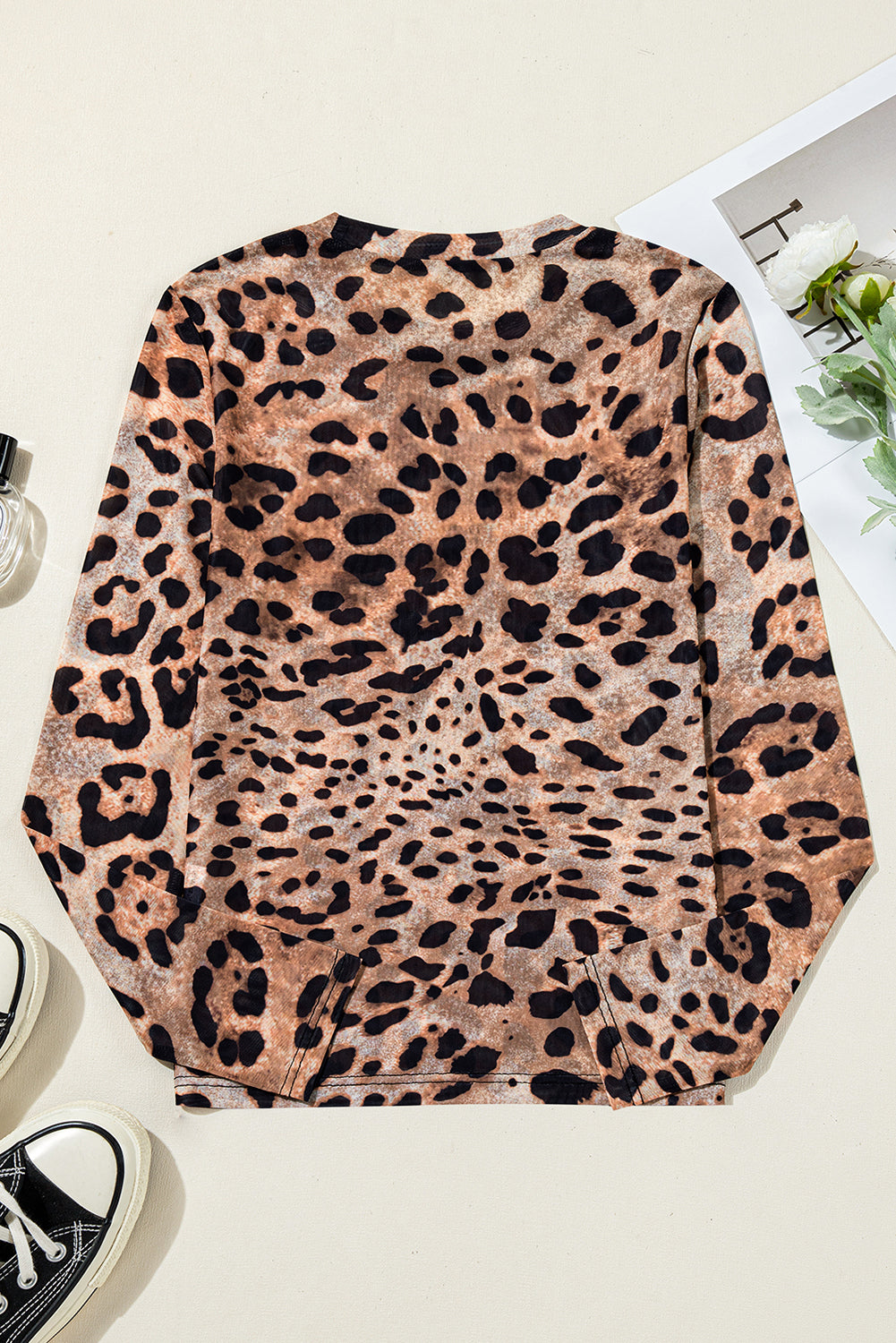 Brown Leopard Round Neck Long Sleeve Slim Top eAura