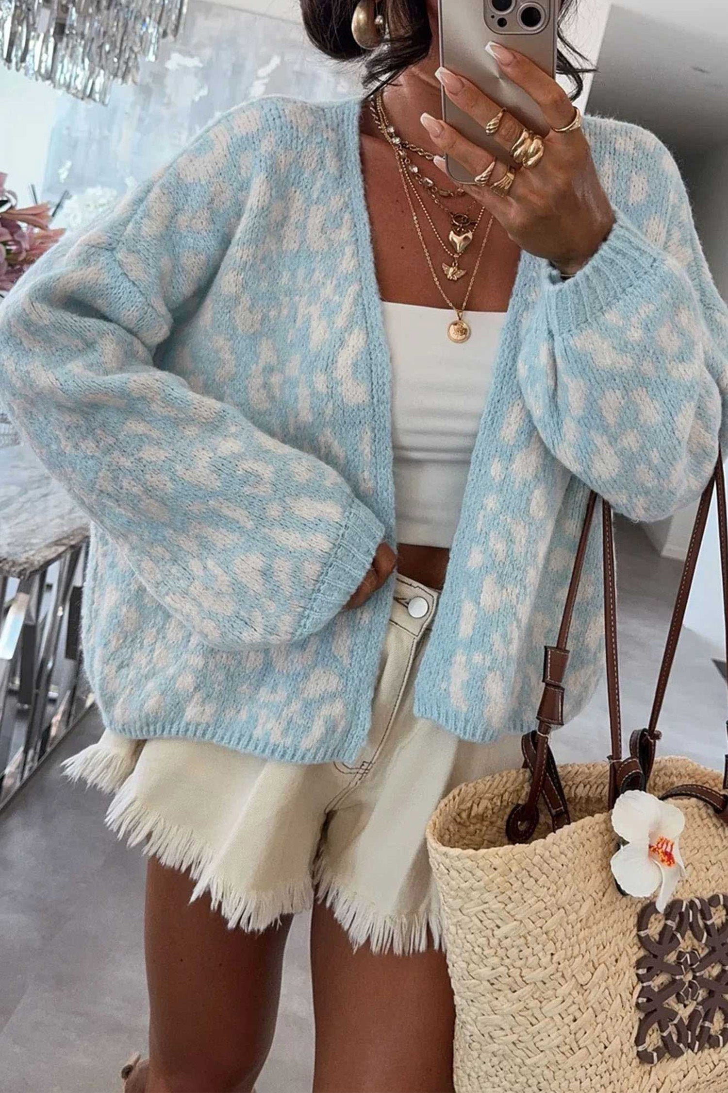 Leopard Print V Neck Long Sleeve Loose Fit Knit Cardigan – Light Blue