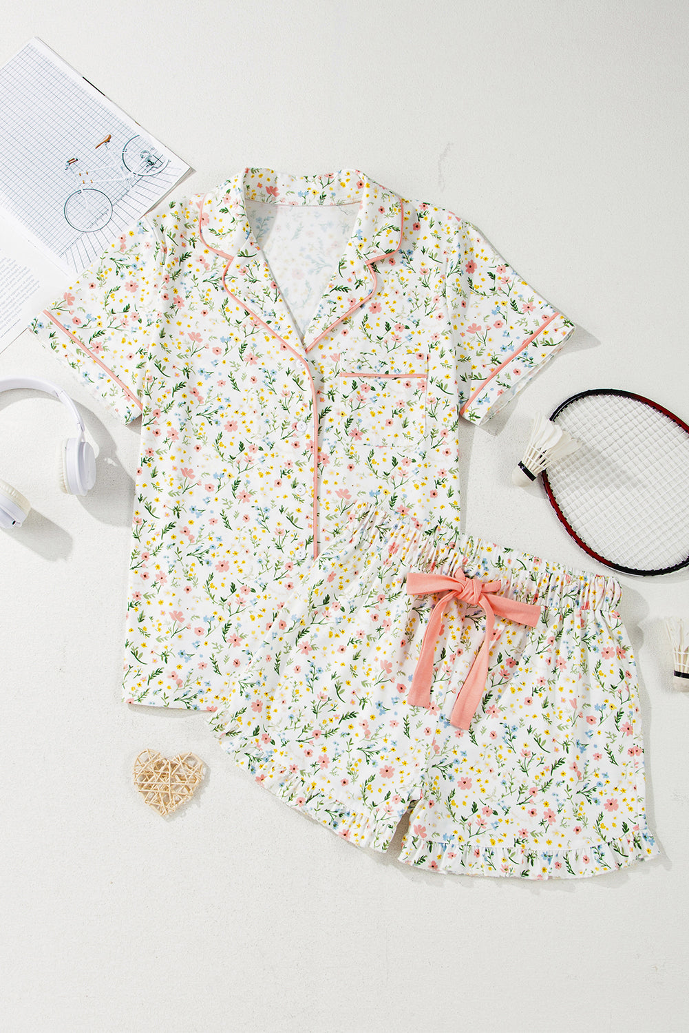 White Floral Print Contrast Pipping Short Pyjamas Set eAura