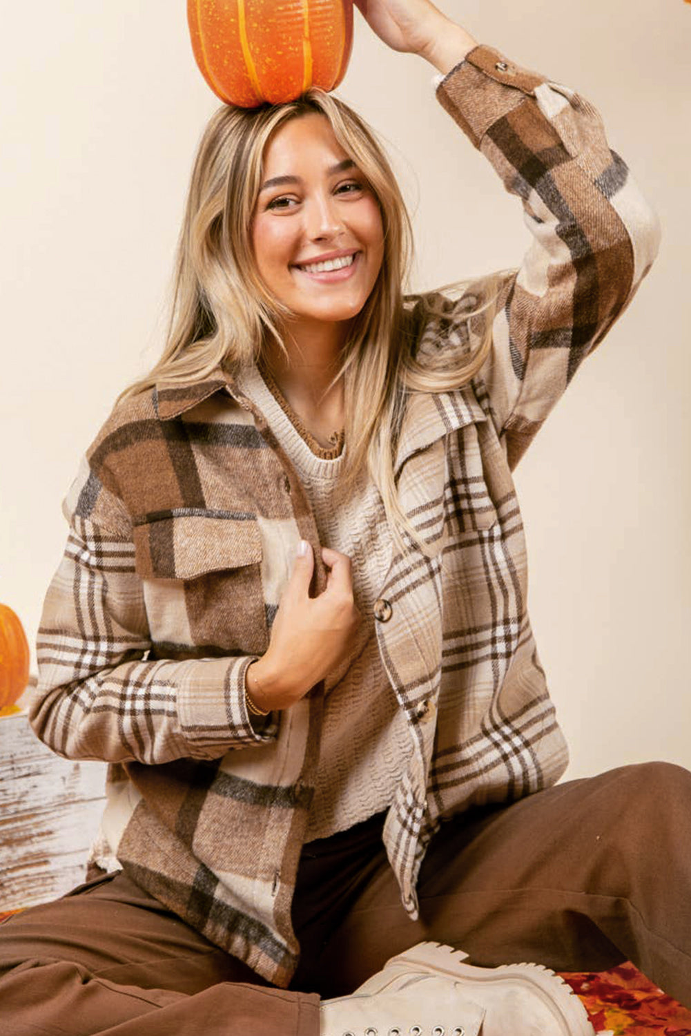 Light French Beige Flannel Plaid Double Flap Pocket Shacket BB Fashion Outlet