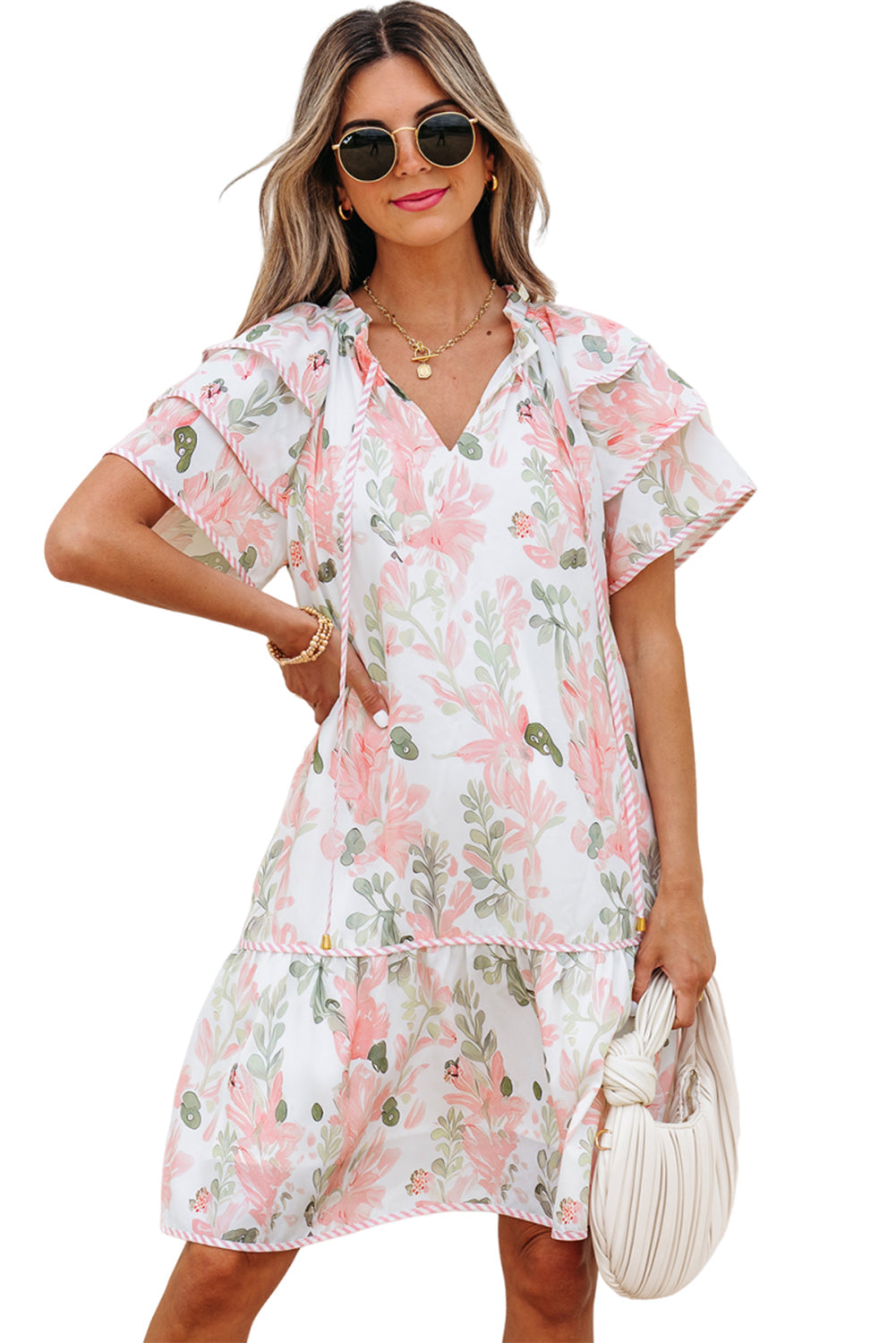 Floral Contrast Edge Layered Short Sleeve Mini Dress eAura