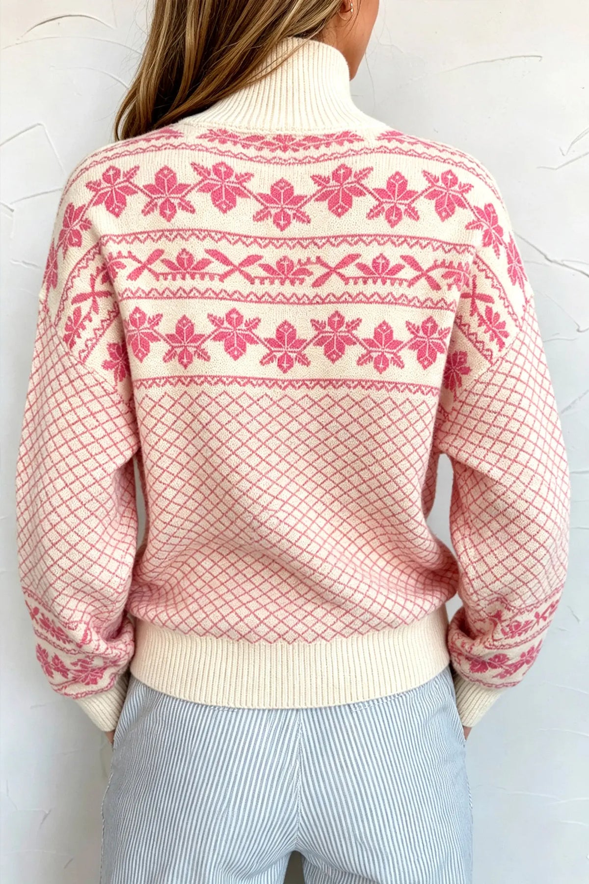 Cozy Abstract Print Button Stand Neck Casual Sweater