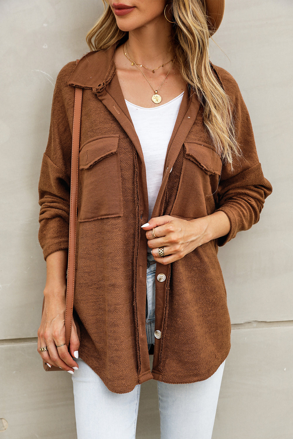 Grey Contrast Flap Pockets Relaxed Shacket Beagle Boutique Fashion Outlet
