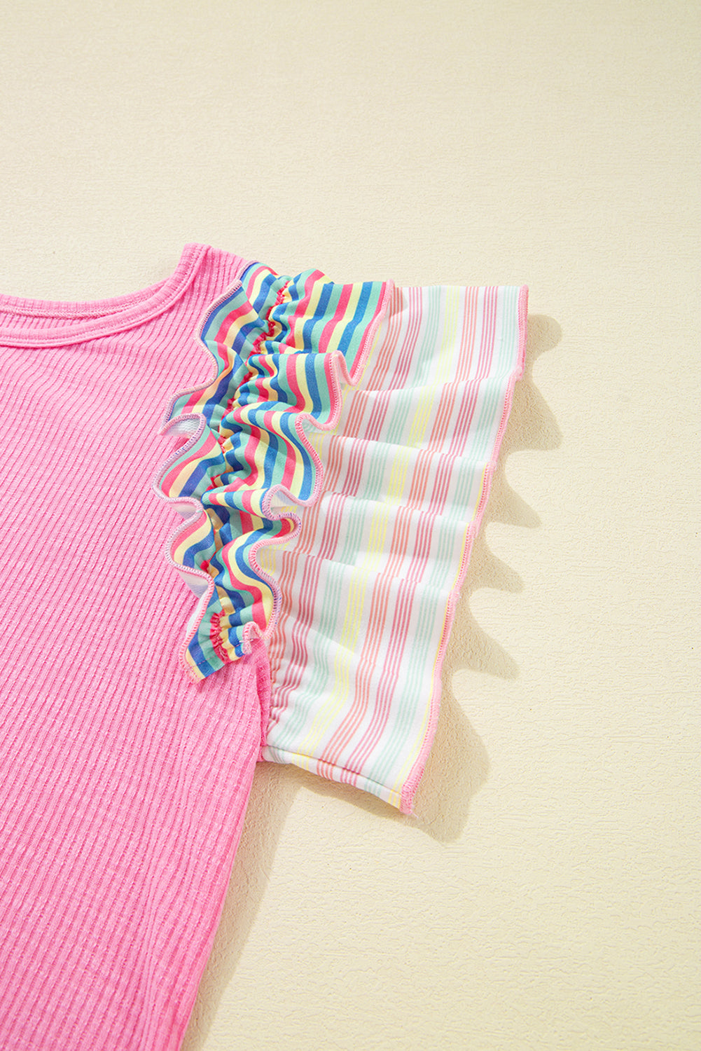 Bonbon Striped Ruffle Flutter Sleeve Ribbed Blouse eAura