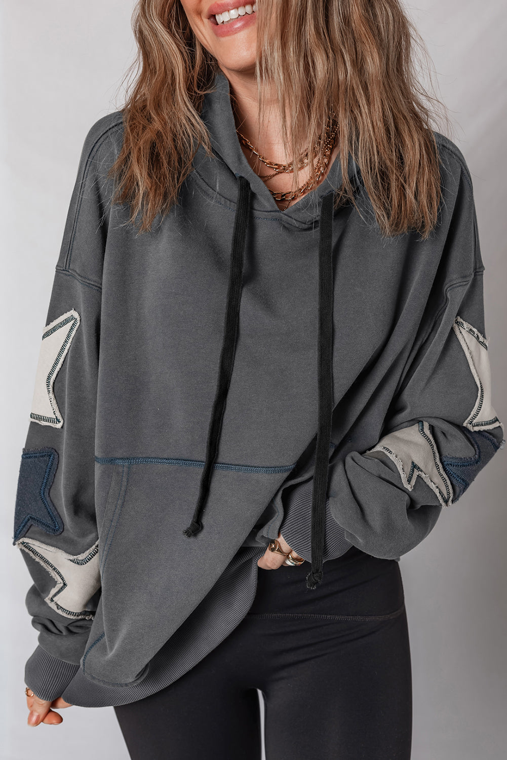 Star Patchwork Contrast Stitching Mineral Wash Kangaroo Pocket Vintage Hoodie - Tops/Sweatshirts & Hoodies