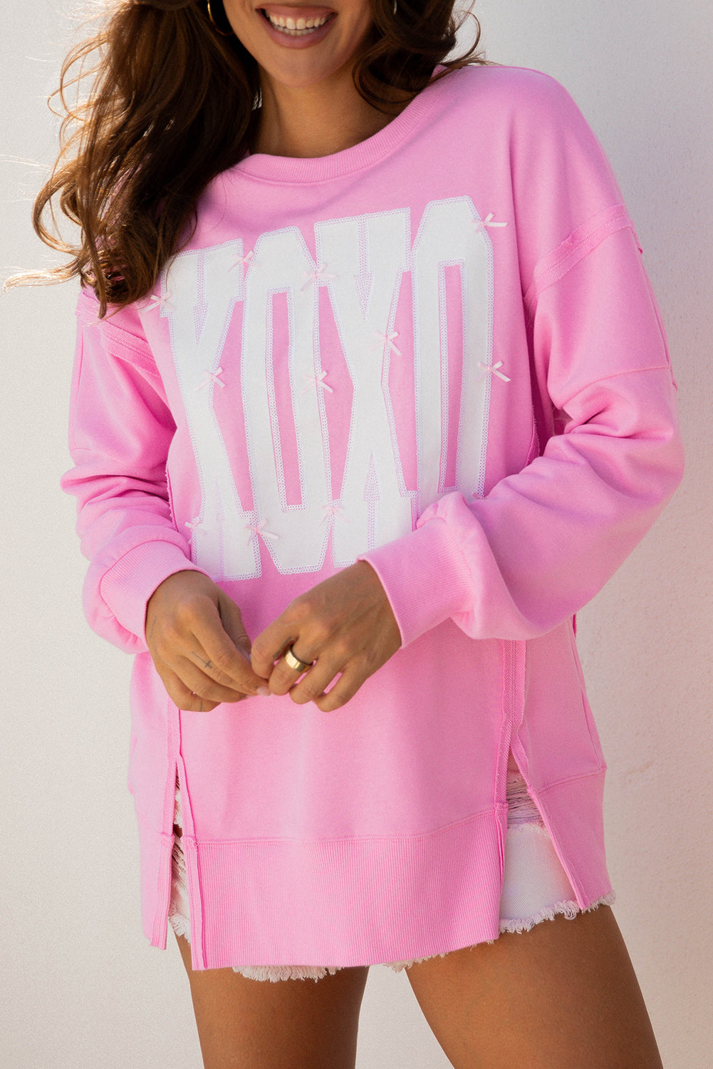 Sequin XOXO Letter Graphic Exposed Seam Oversized Sweatshirt - Tops/Sweatshirts & Hoodies
