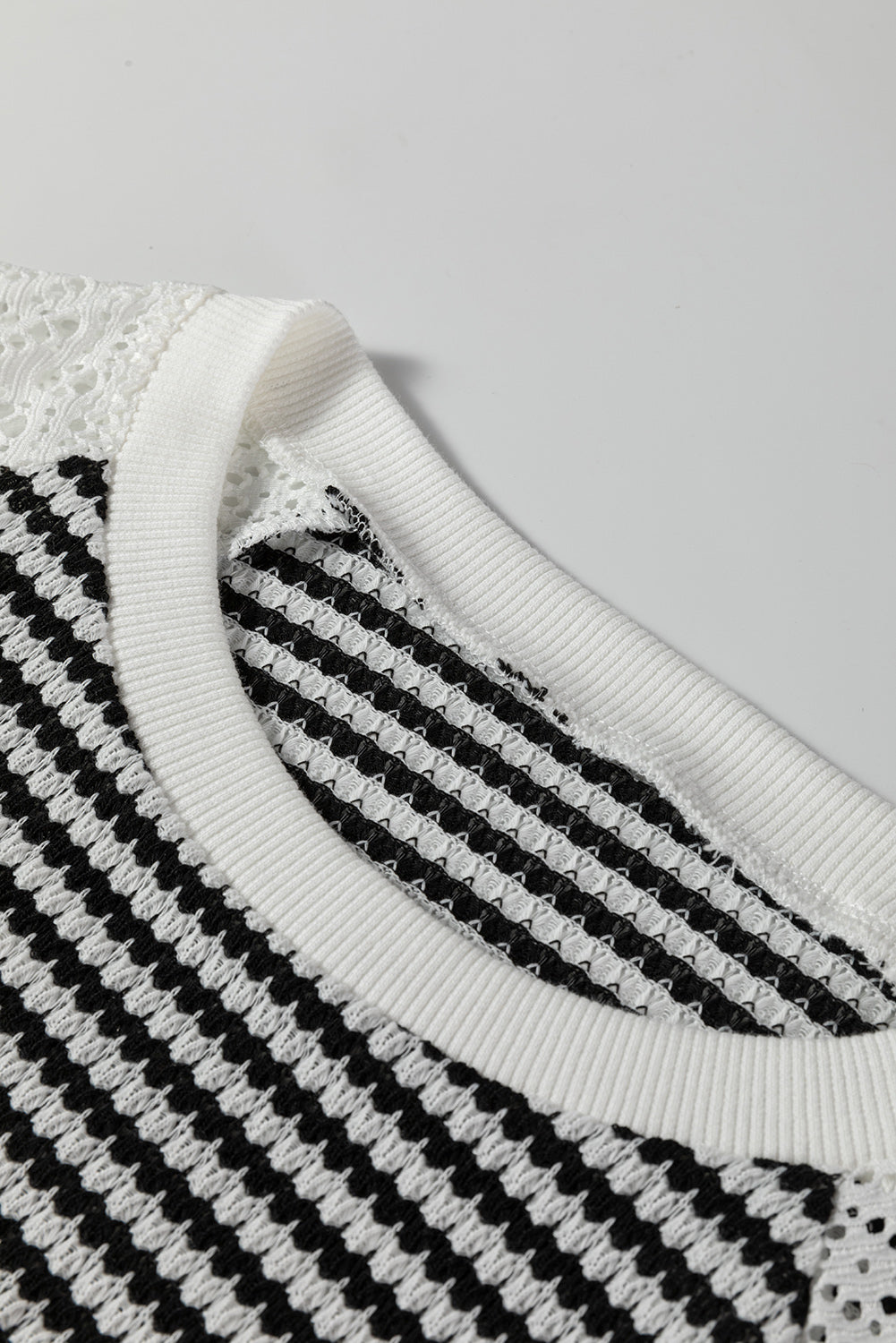 Black Stripe Textured Knit Contrast Lace Long Sleeve Top - eAura