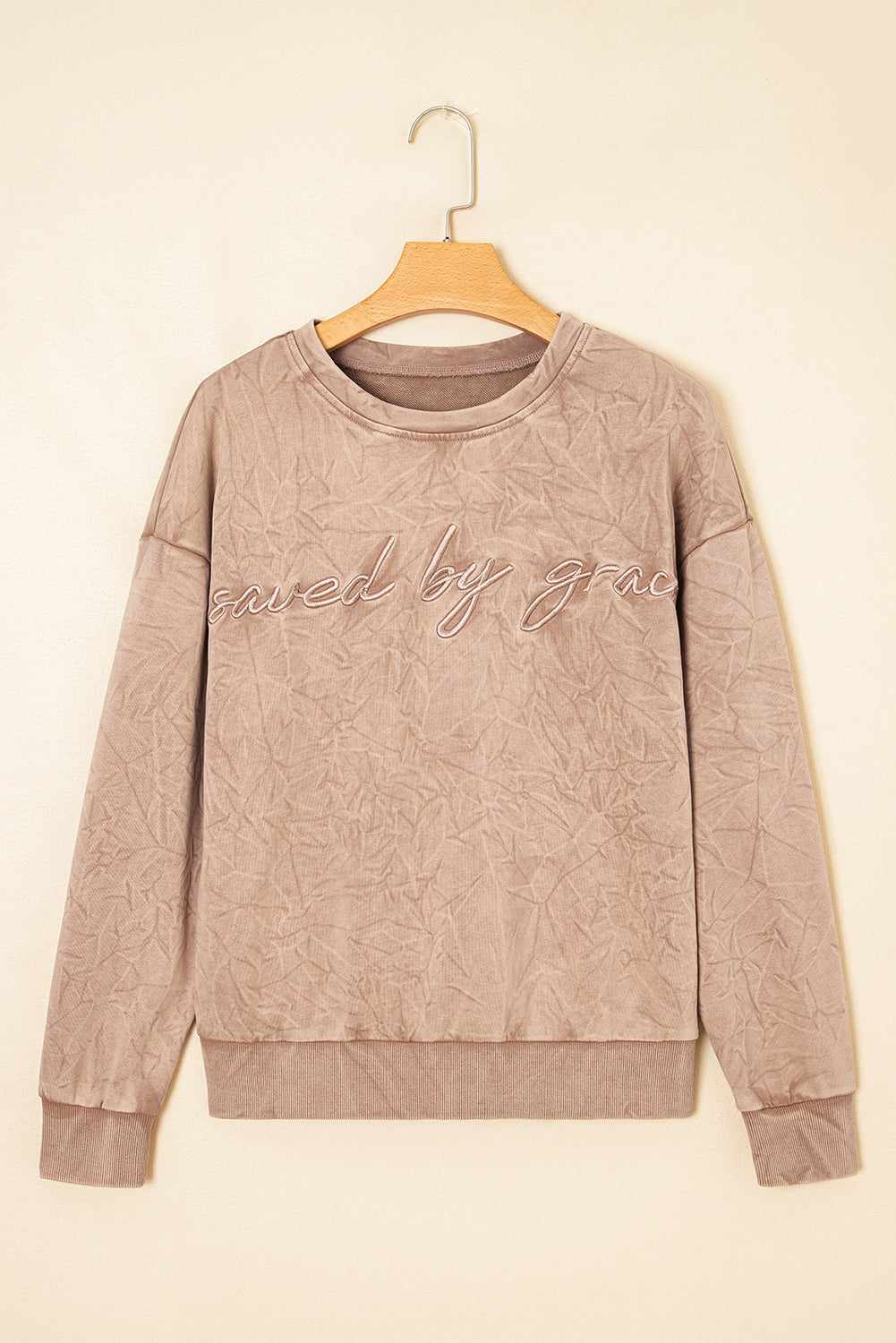 "Saved By Grace" Letter Embroidery Mineral Wash Loose Sweatshirt - eAura