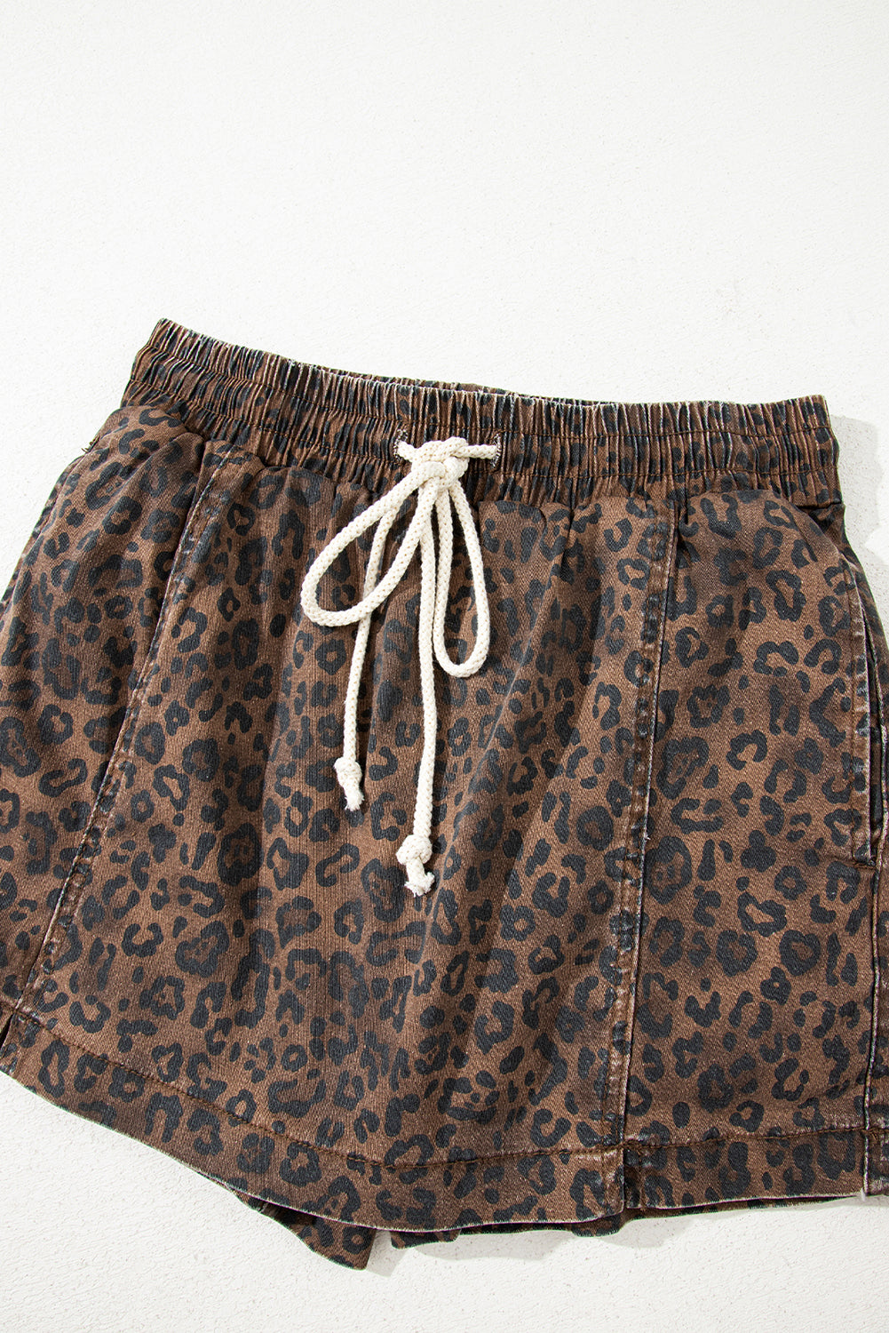 Brown Leopard Print Elastic Waist Drawstring Denim Skort eAura