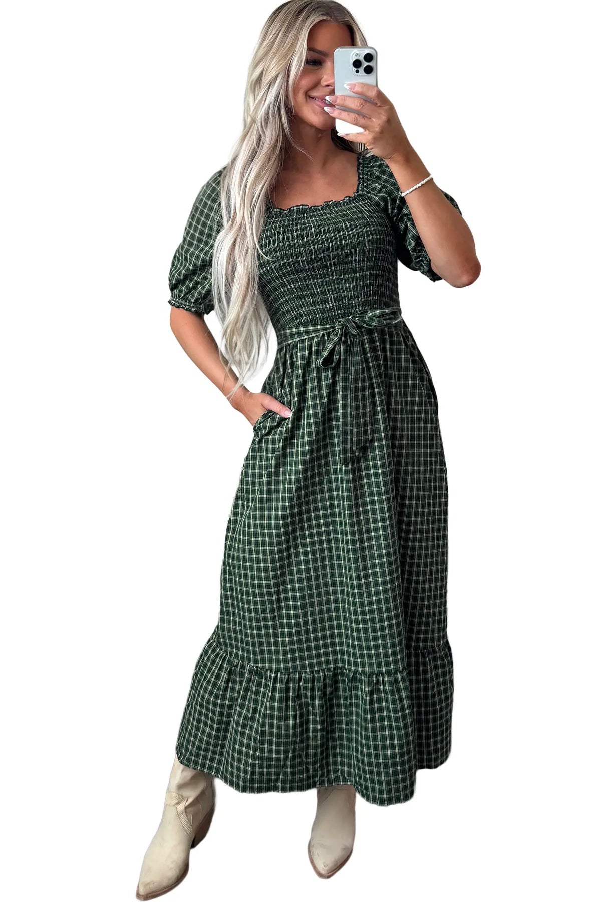 Plaid Square Neck Shirred High Waist Ruffle Hem Dress – Green