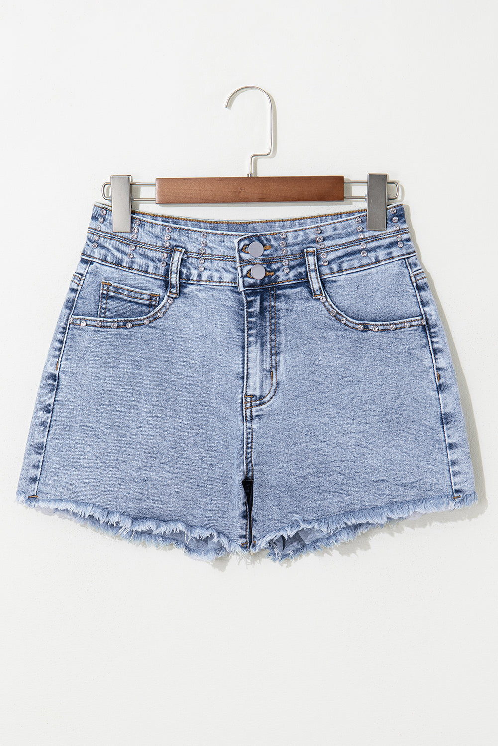 Beau Blue Rhinestone Light Wash Raw Hem High Waist Denim Shorts eAura