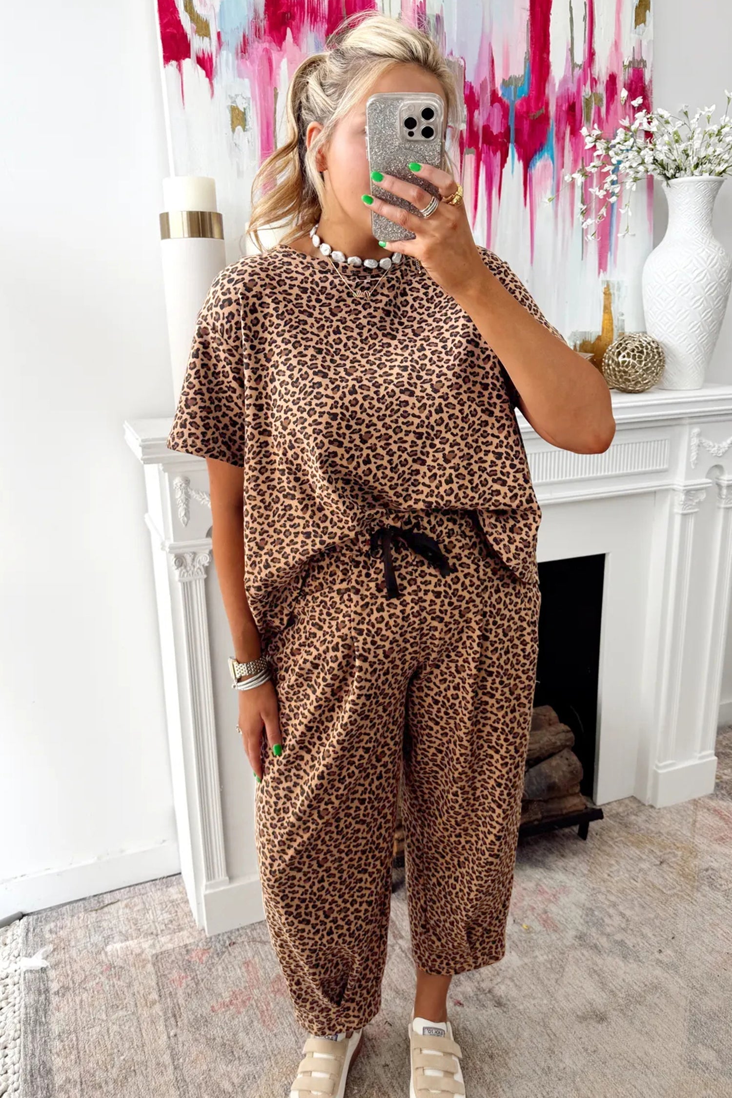 Leopard Loose Tee Drawstring Waist Barrel Trousers and Top Co-ord Set - eAura