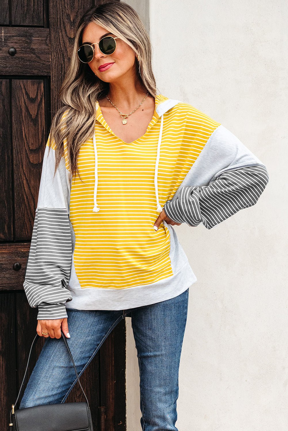Yellow Stripe Color Block Drawstring V Neck Loose Fit Hooded Top - eAura