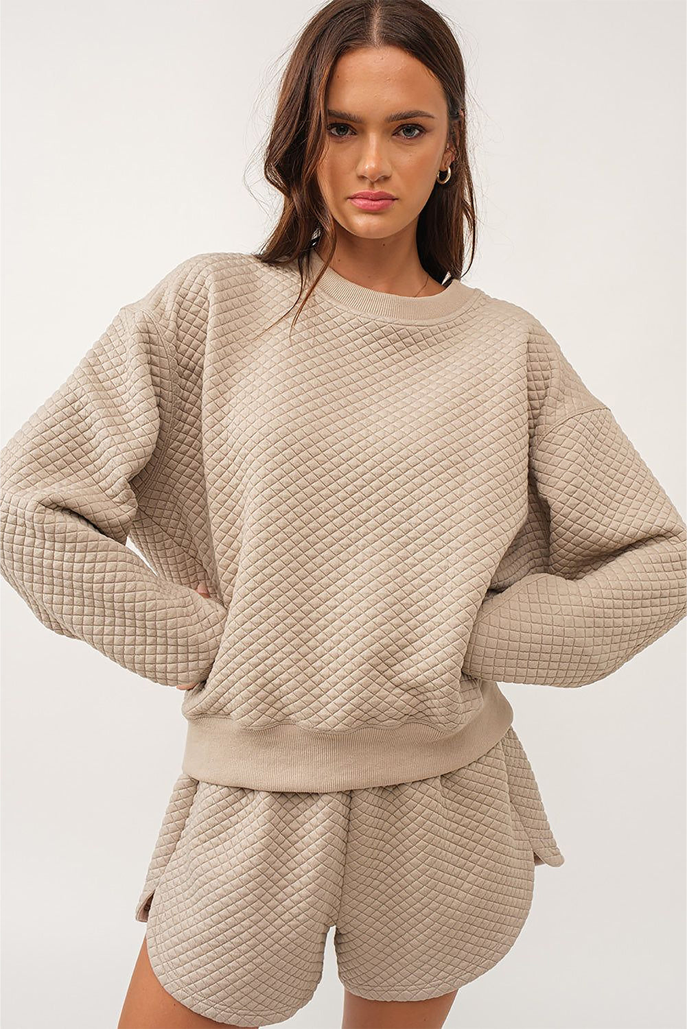 Parchment Solid Colour Quilted Long Sleeve Top and Shorts Set eAura