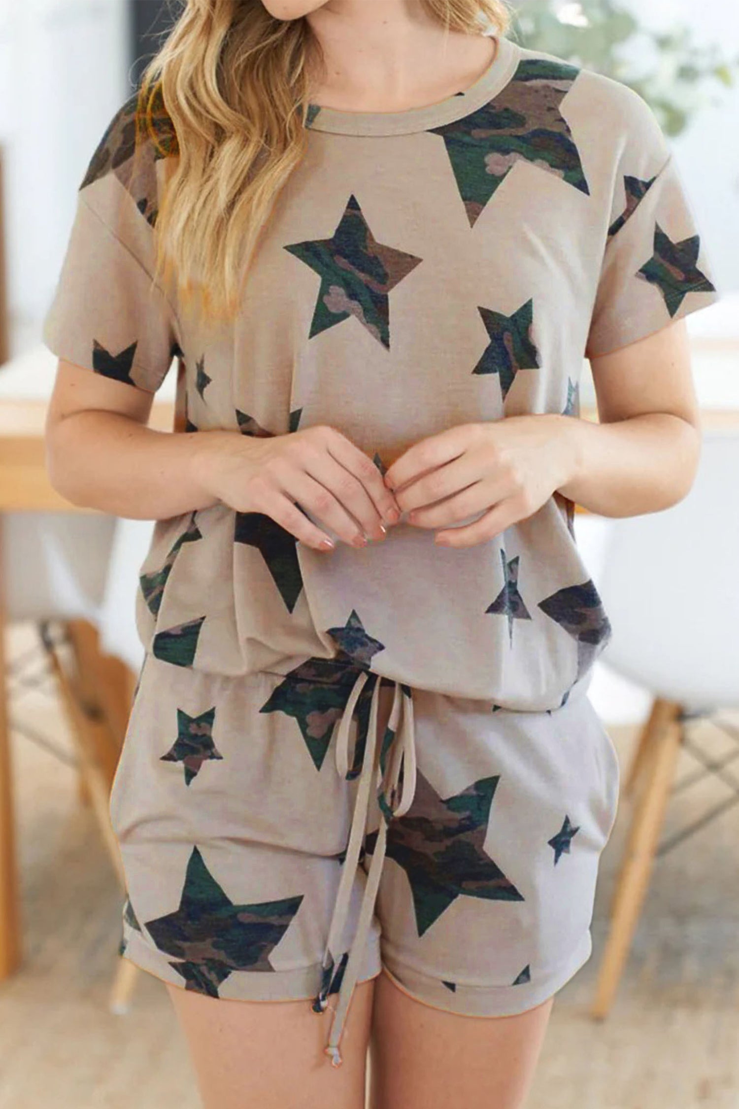 Camo Star Print Short Lounge Set – Khaki