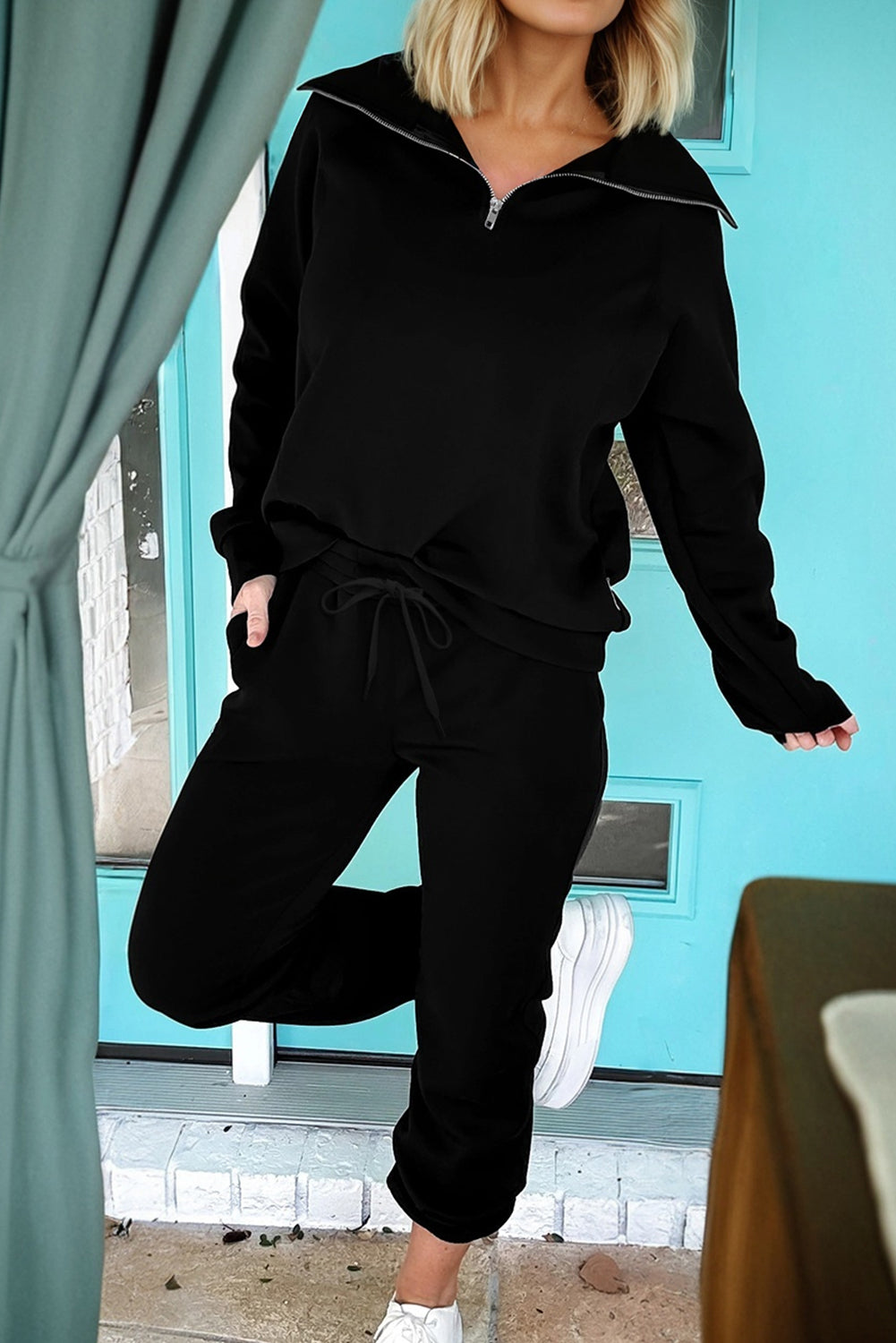 Zip Collar Long Sleeve Top and Drawstring Trousers Co-ord Set - eAura