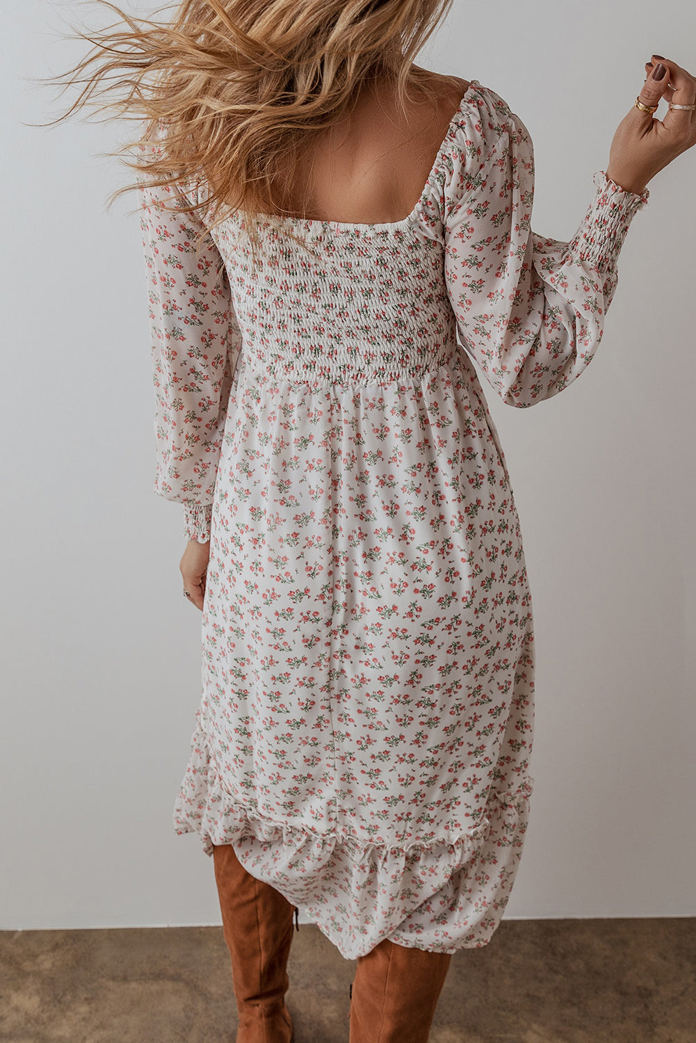 White Floral Print Shirred Ruffled Hem Square Neck Midi Dress eAura
