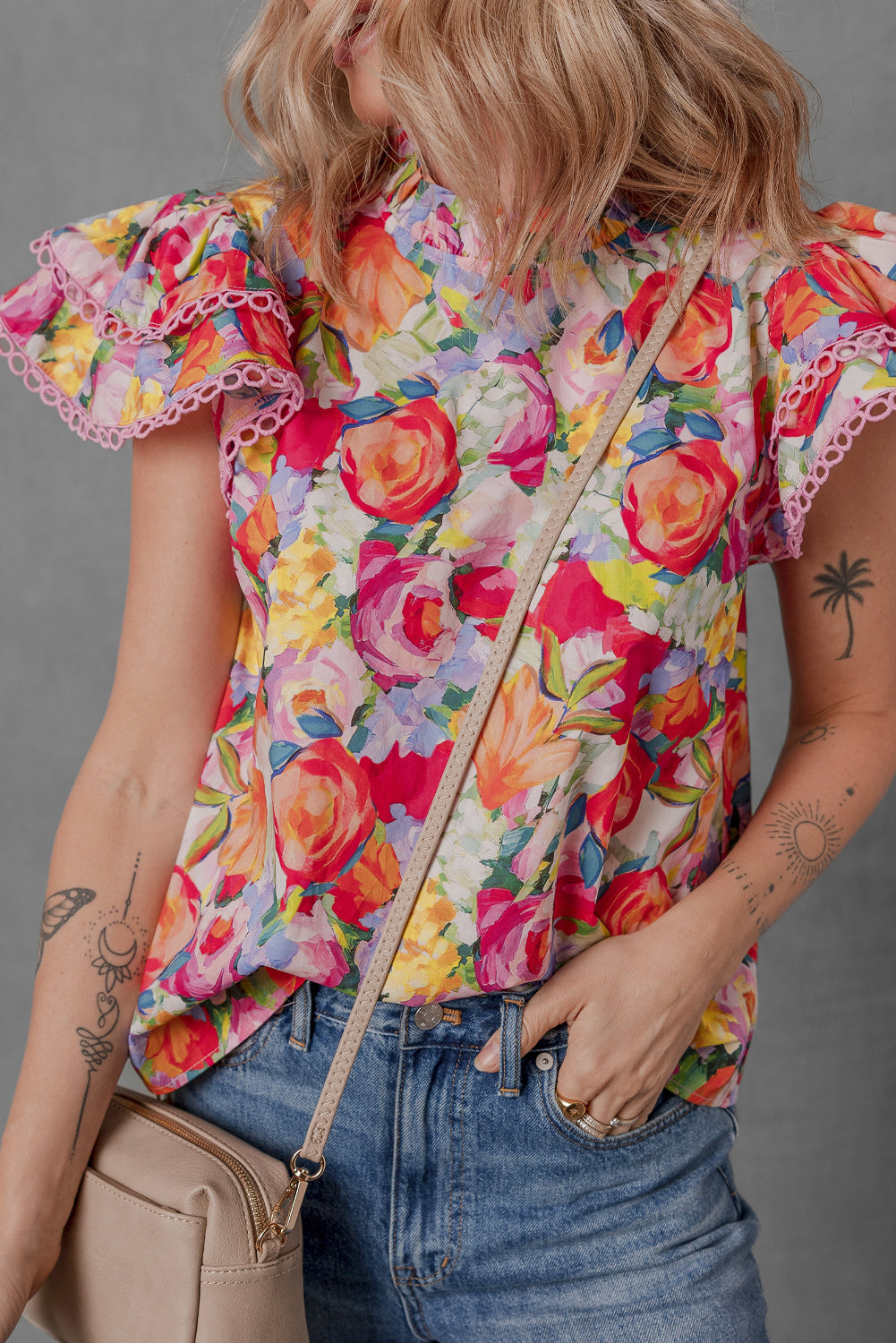 Multicolour Lace Trim Ruffle Short Sleeve Floral Blouse eAura