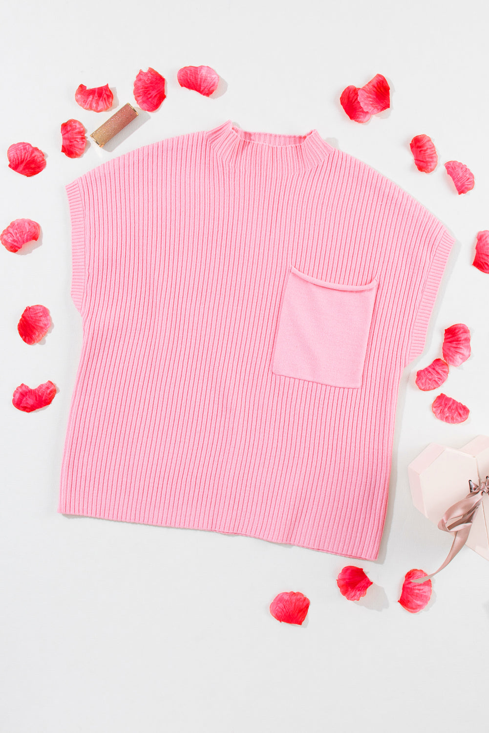 Black Patch Pocket Ribbed Knit Short Sleeve Sweater eAura