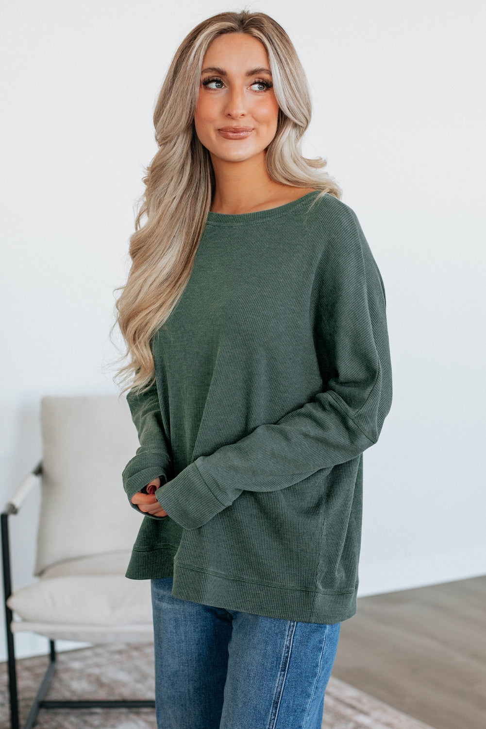 Waffle Textured Long Sleeve Loose Top eAura