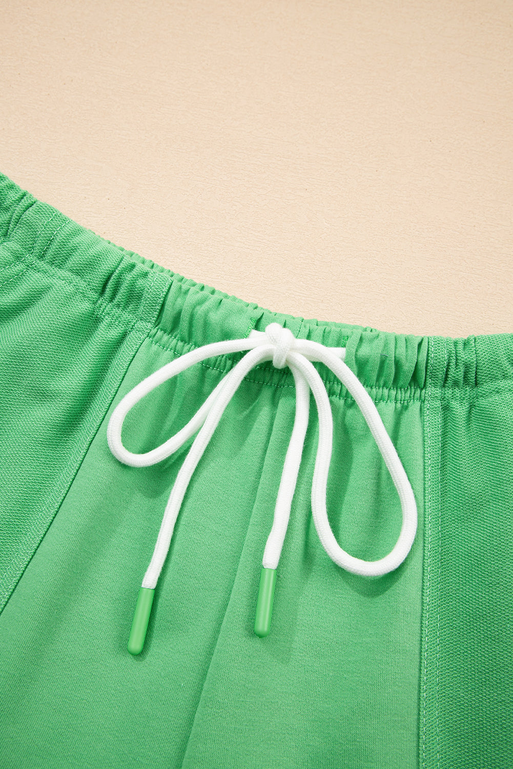 Mint Green V Neck Drop Shoulder Tee and Patchwork Drawstring Shorts Set eAura