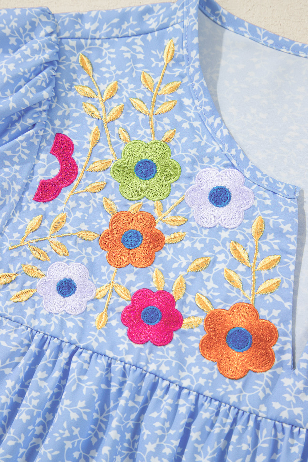 Sky Blue Floral Embroidered Puff Sleeve Notched V Neck Blouse eAura