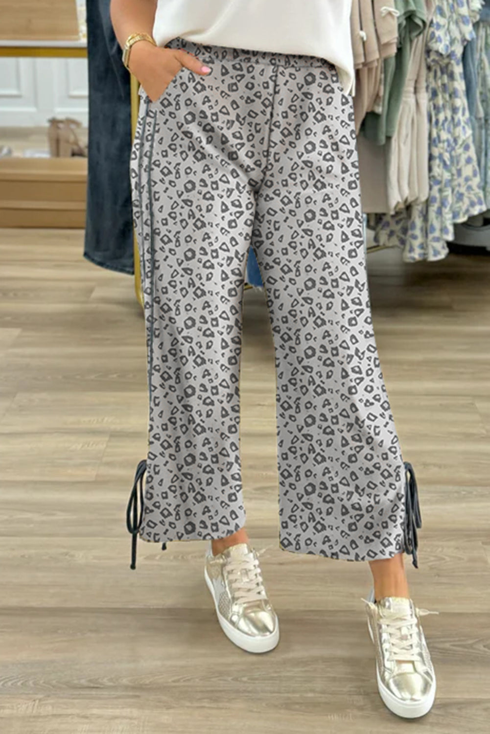 Grey Leopard High Waist Side Bow Straight Leg eAura