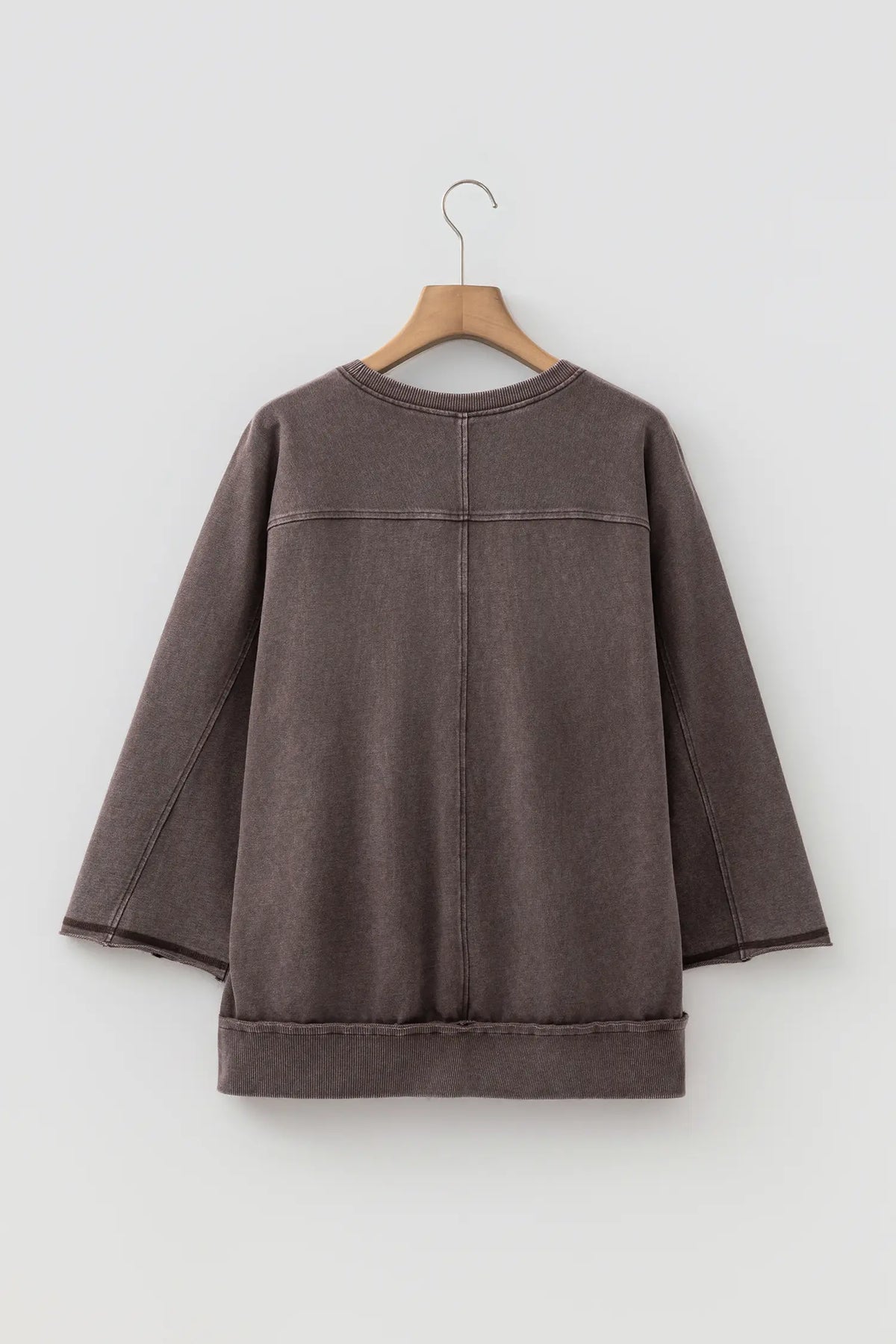3/4 Sleeve Mineral Wash Loose Cotton Top – Dark Brown