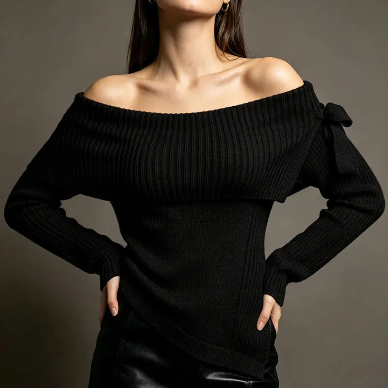 Black off-shoulder sweater, front view