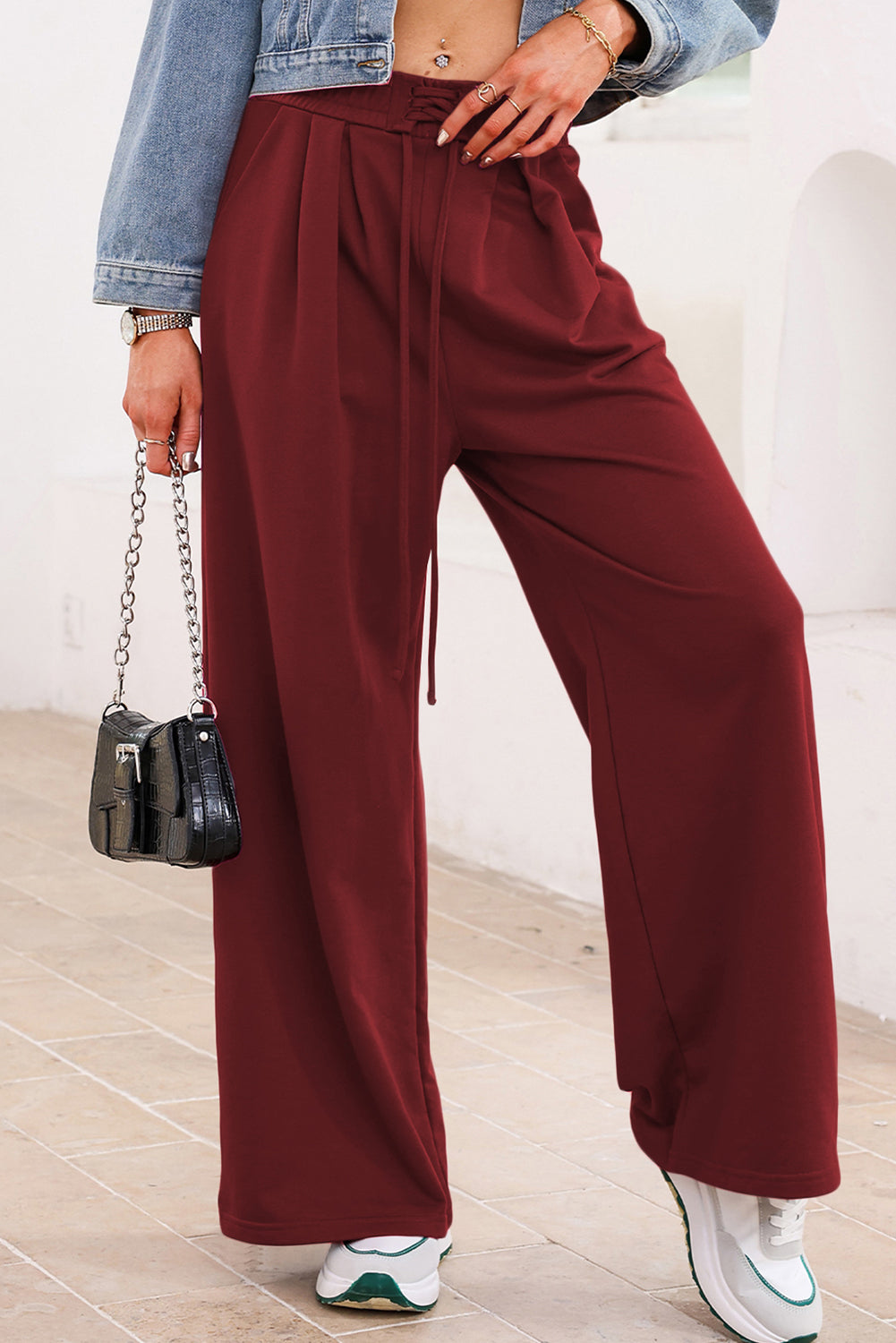Tied Elastic High Waist Pleated Detail Sweatpants - eAura