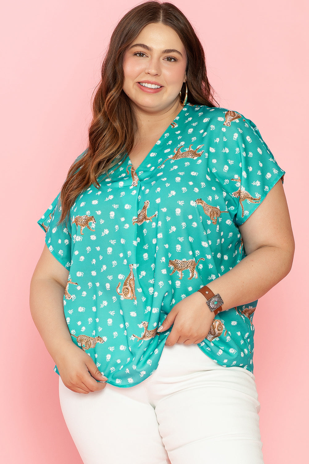 Green Cheetah Print V Neck Short Sleeve Plus Top BB Fashion Outlet