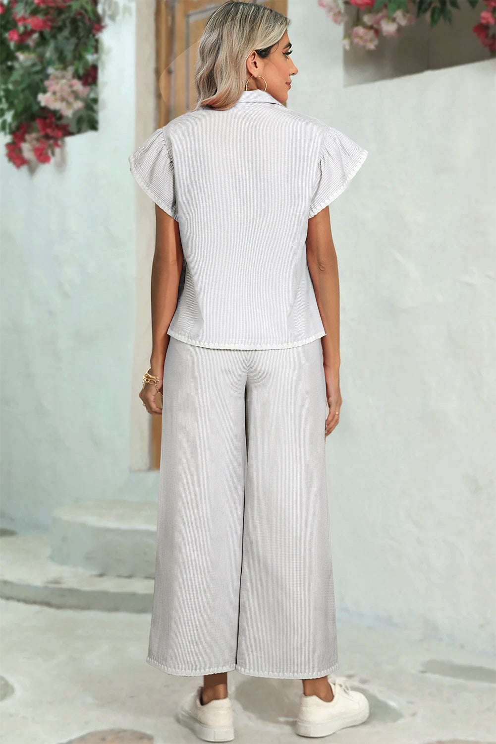 Stripe Zip up Collar Ruffled Sleeve Tee and Wide Leg Trousers Co-ord BB Fashion Outlet