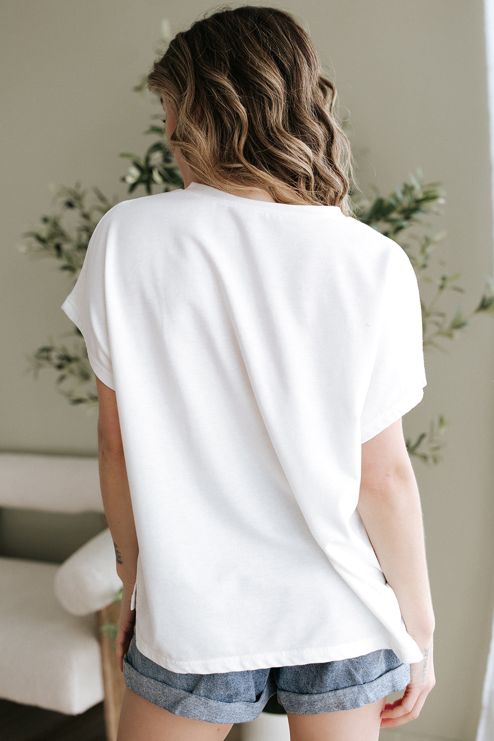 White Floral Applique Notched V Neck Dolman Sleeve Top eAura