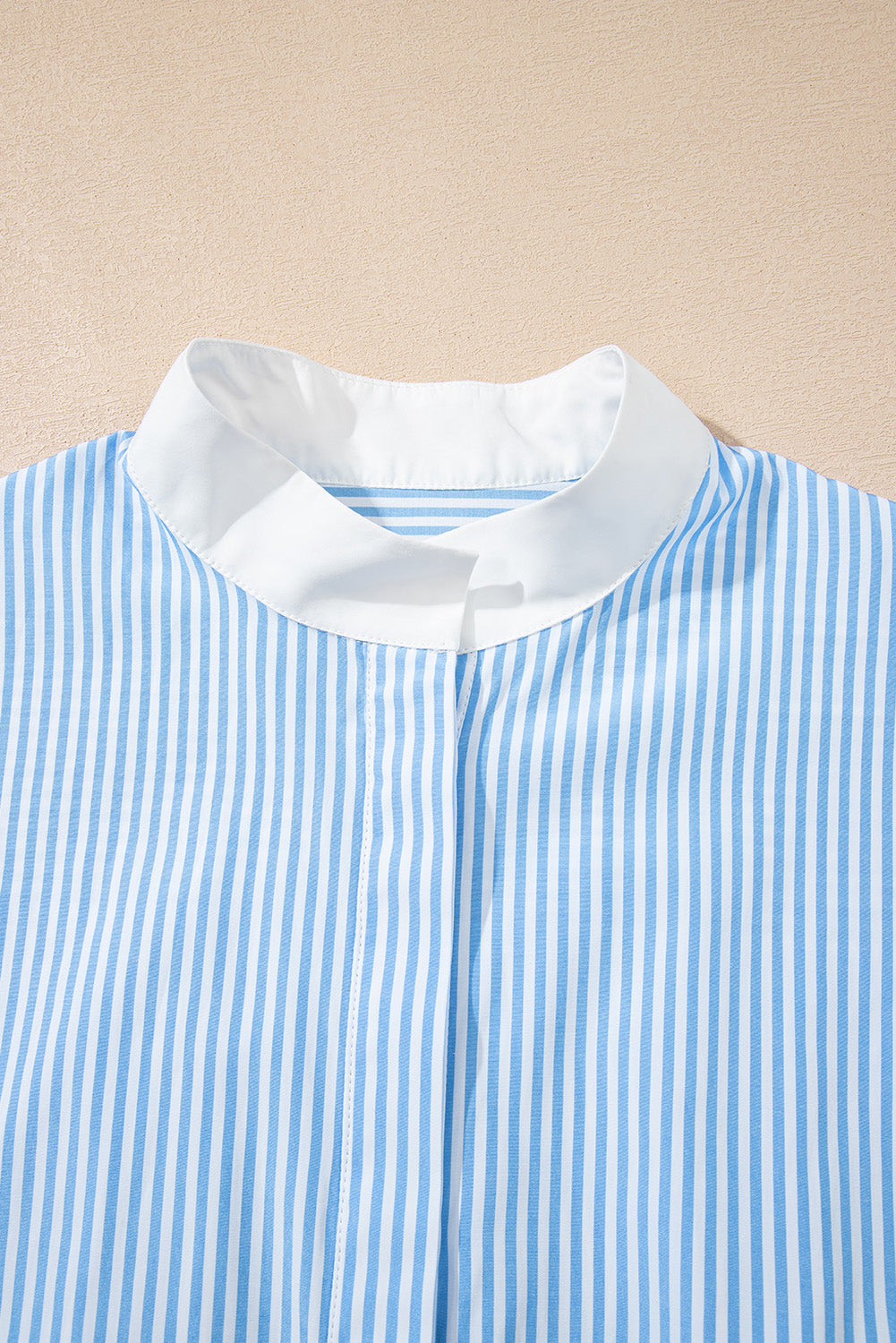 Sky Blue Stripe Contrast Collar Hidden Button Short Sleeve Summer Shirt BB Fashion Outlet
