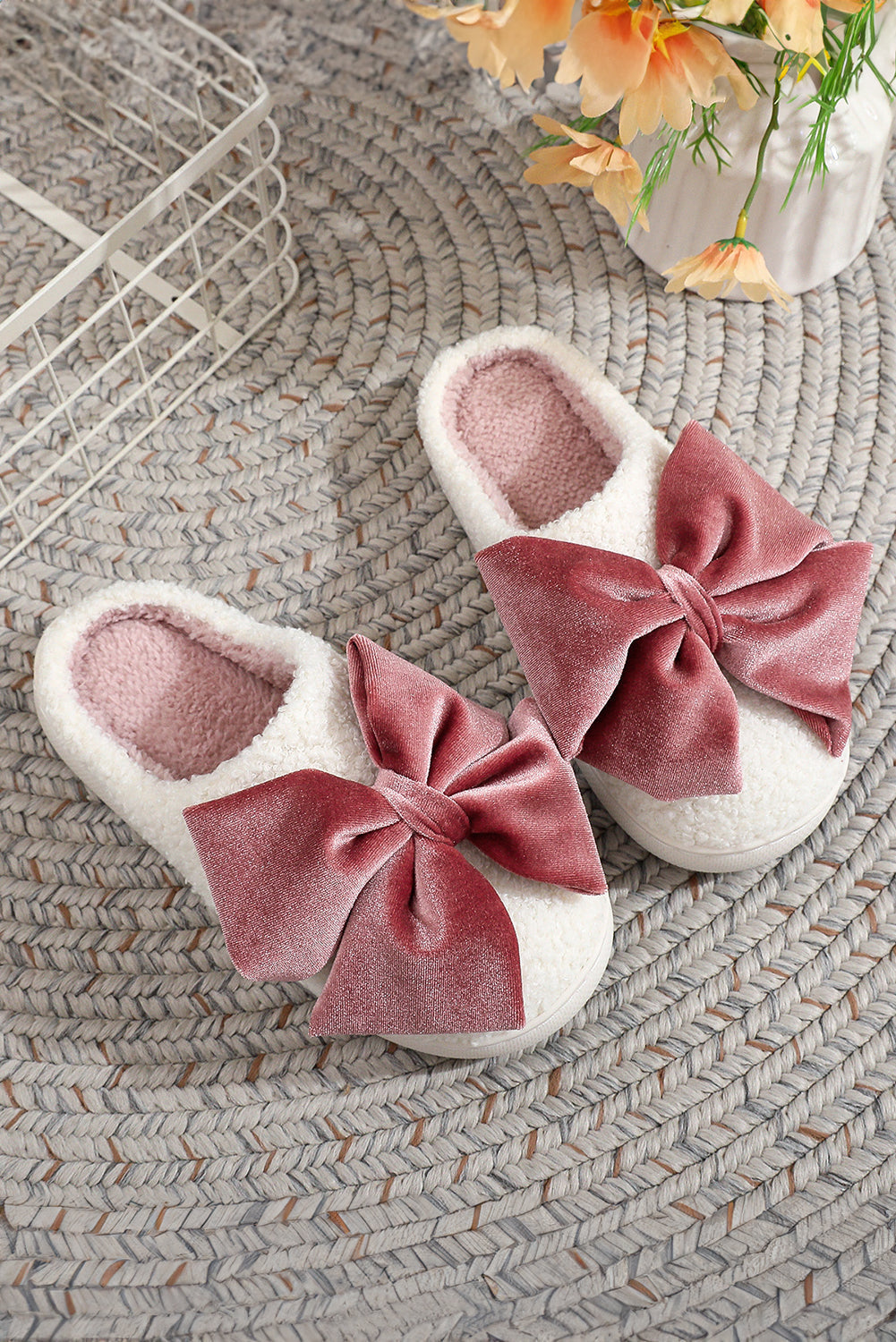 Ribbon Bow Decor Contrast Liner Plush Slippers - eAura