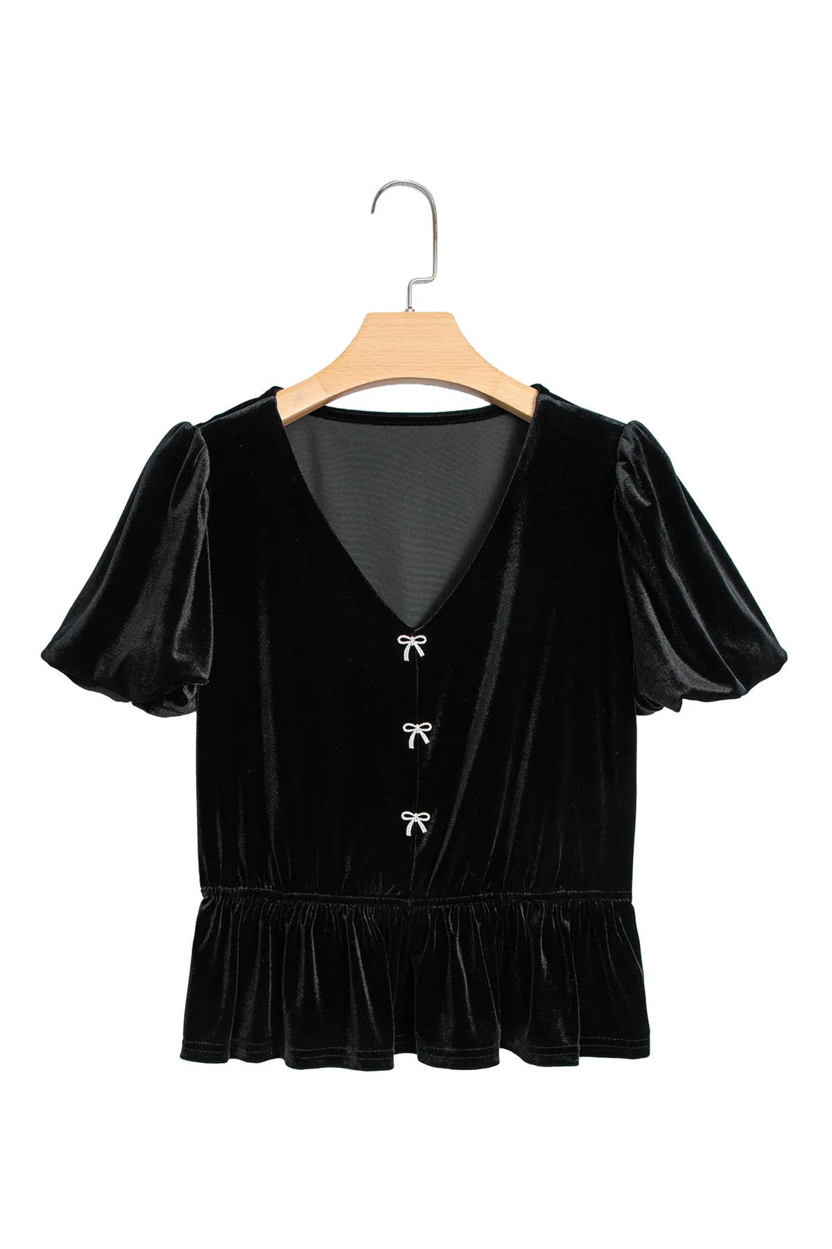 V Neck Bow Decoration Peplum Hem Shift Silhouette Short Sleeve Blouse – Black