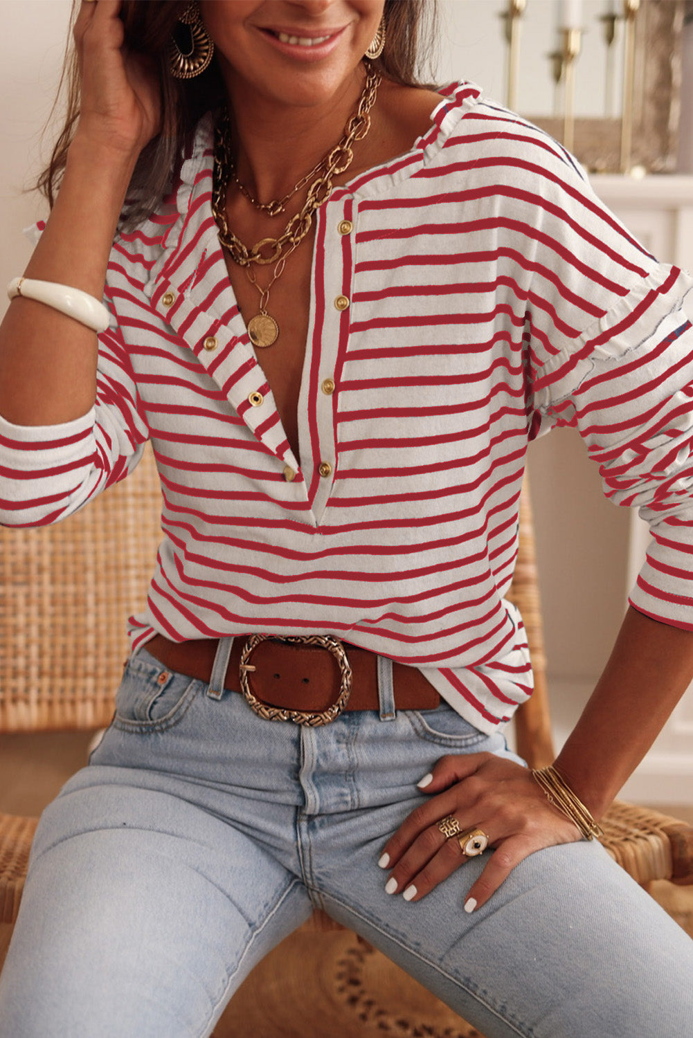 Black Striped Print Ruffled Buttoned Long Sleeve Top eAura