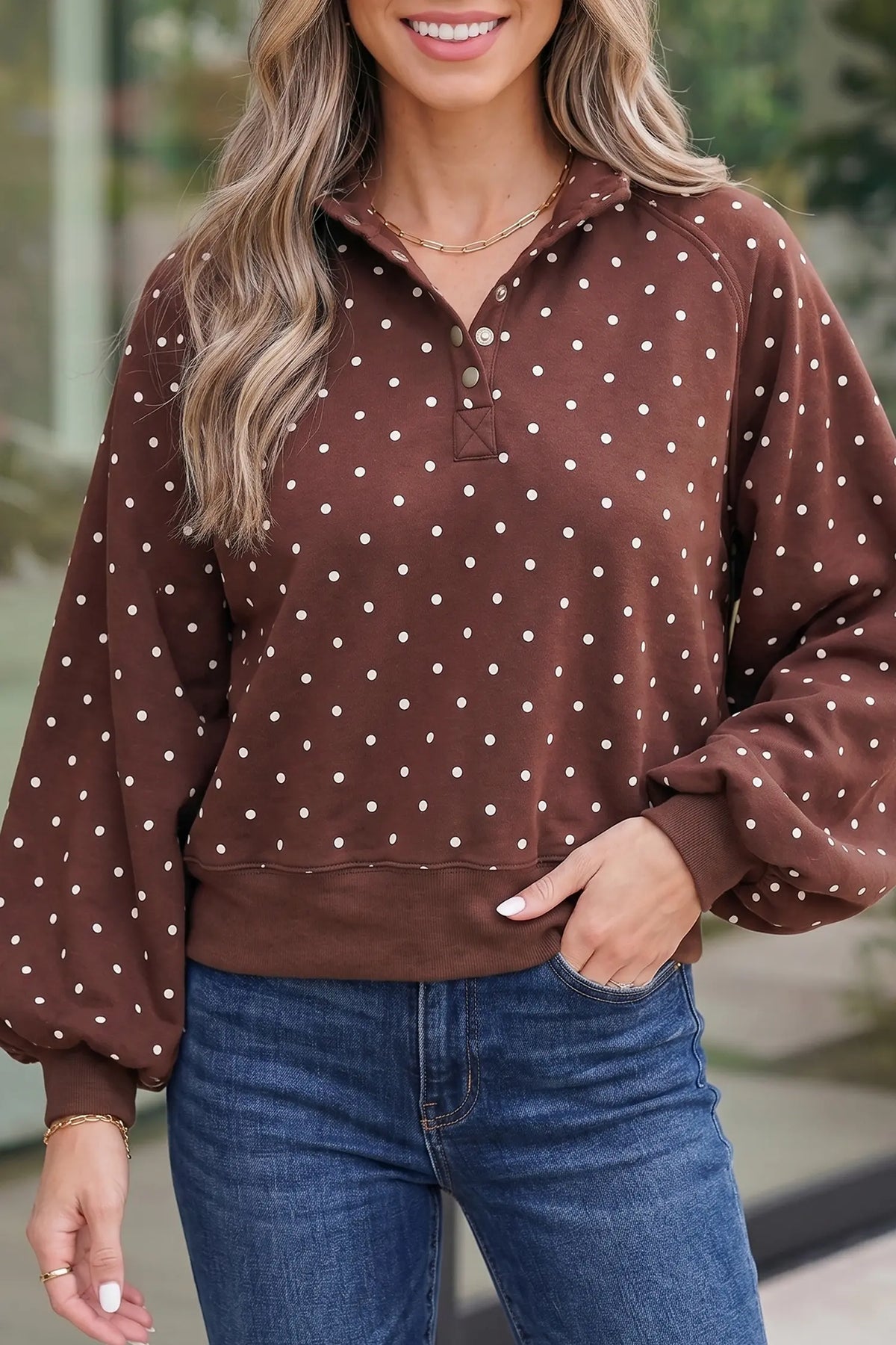 Polka Dot Print Metal Button Collar Casual Pullover Sweatshirt – Pink
