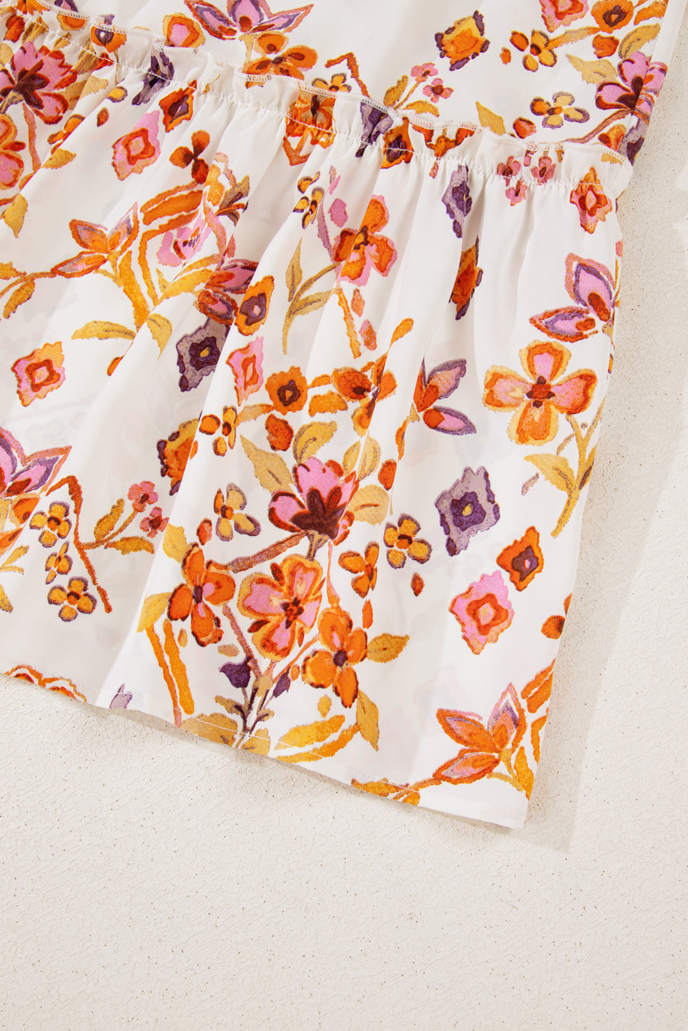 Apricot Floral Geometric Print Ruffled Trim Flutter Sleeve Mini Dress eAura