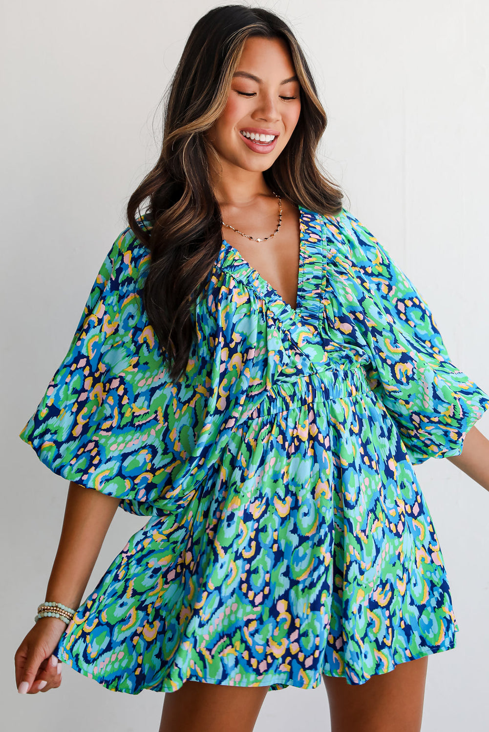 Green Abstract Print Puff Sleeve V Neck High Waist Romper eAura