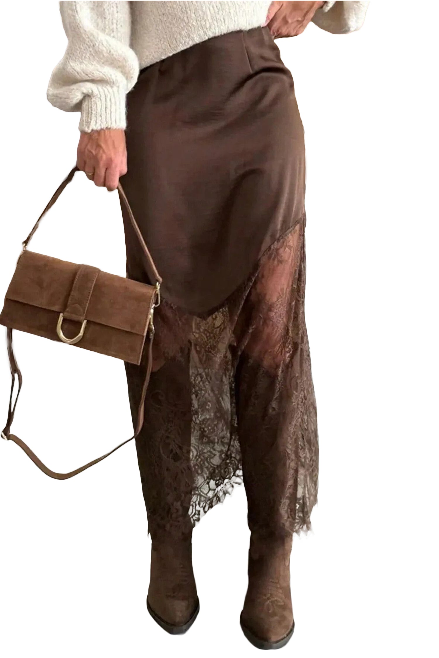 Lace Patchwork Hem Long Casual Shift Skirt – Dark Brown