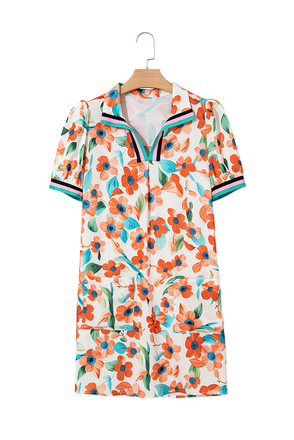 Contrast Trim Floral Split Neck Puff Short Sleeve Tiered Mini Dress eAura