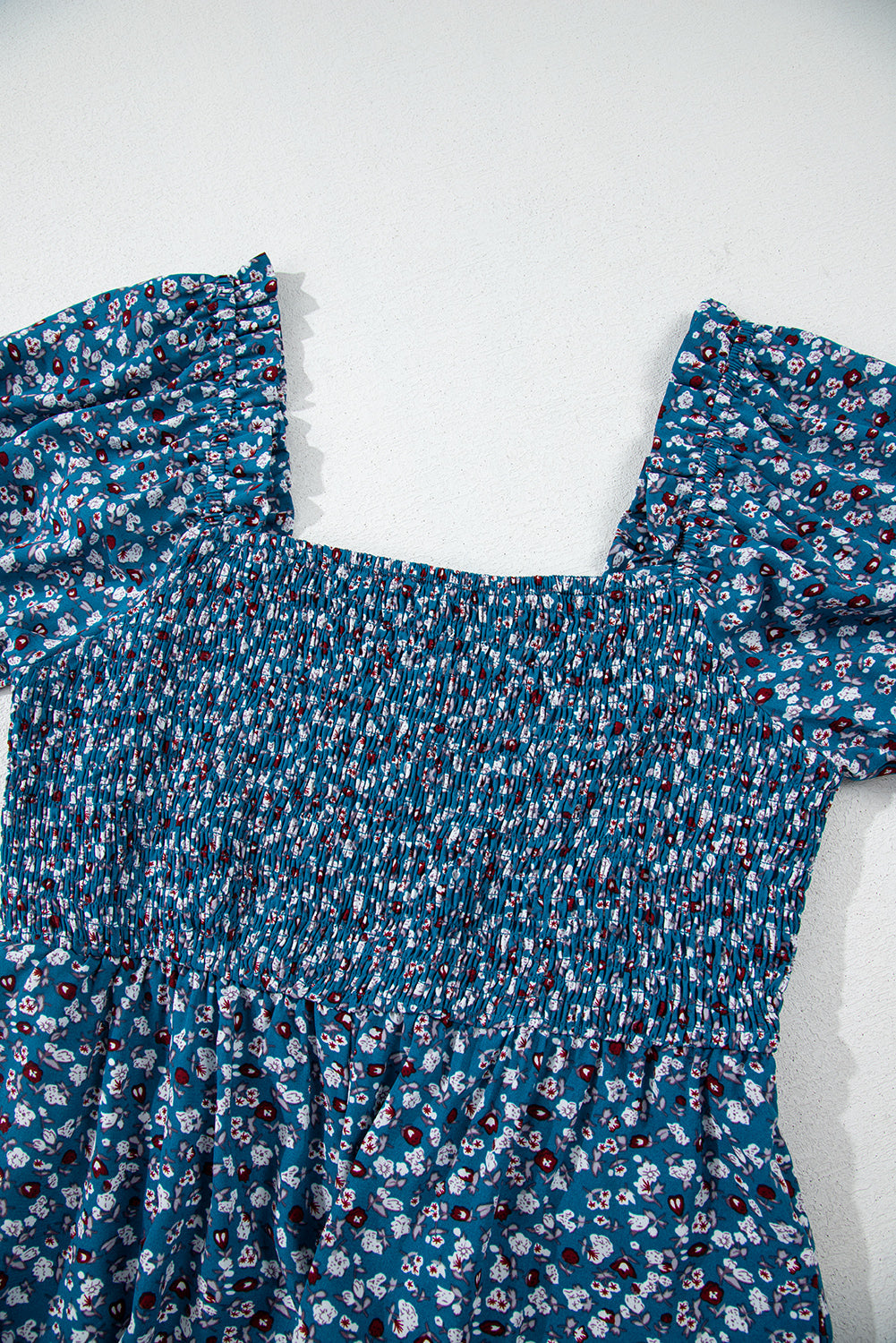Blue Vintage Boho Floral Smocked Short Puff Sleeve Wide Leg Jumpsuit eAura