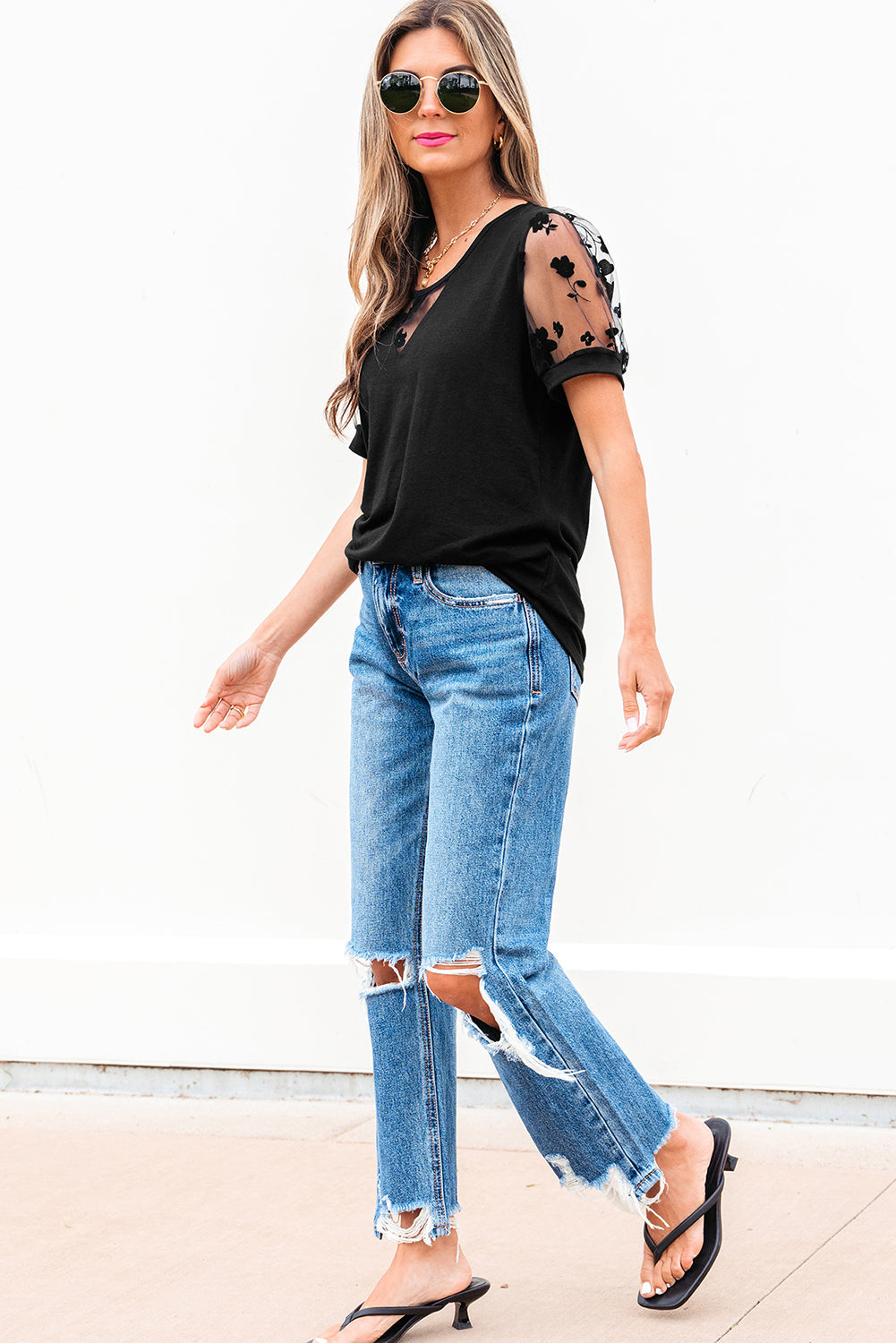 Black Flora Lace Patchwork Crew Neck T Shirt eAura