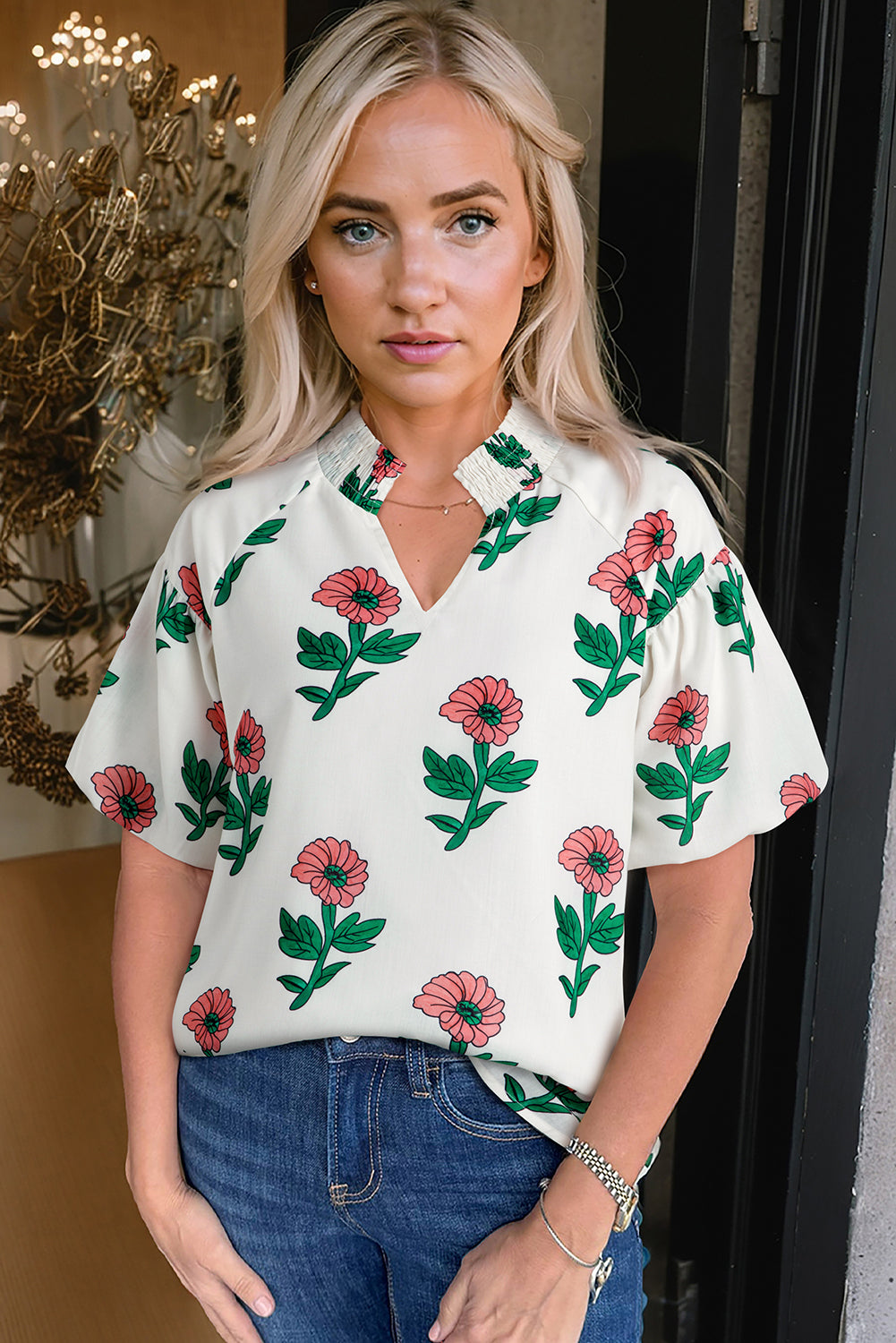 Beige Floral Print Shirred Split Neck Short Sleeve Blouse eAura