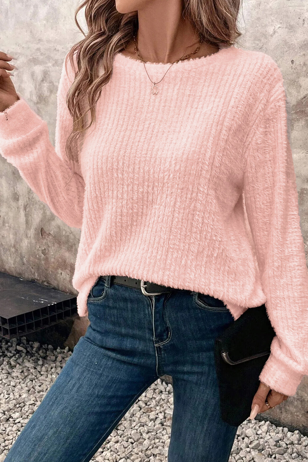 Fuzzy Ribbed Texture Round Neck Long Sleeve Top - eAura